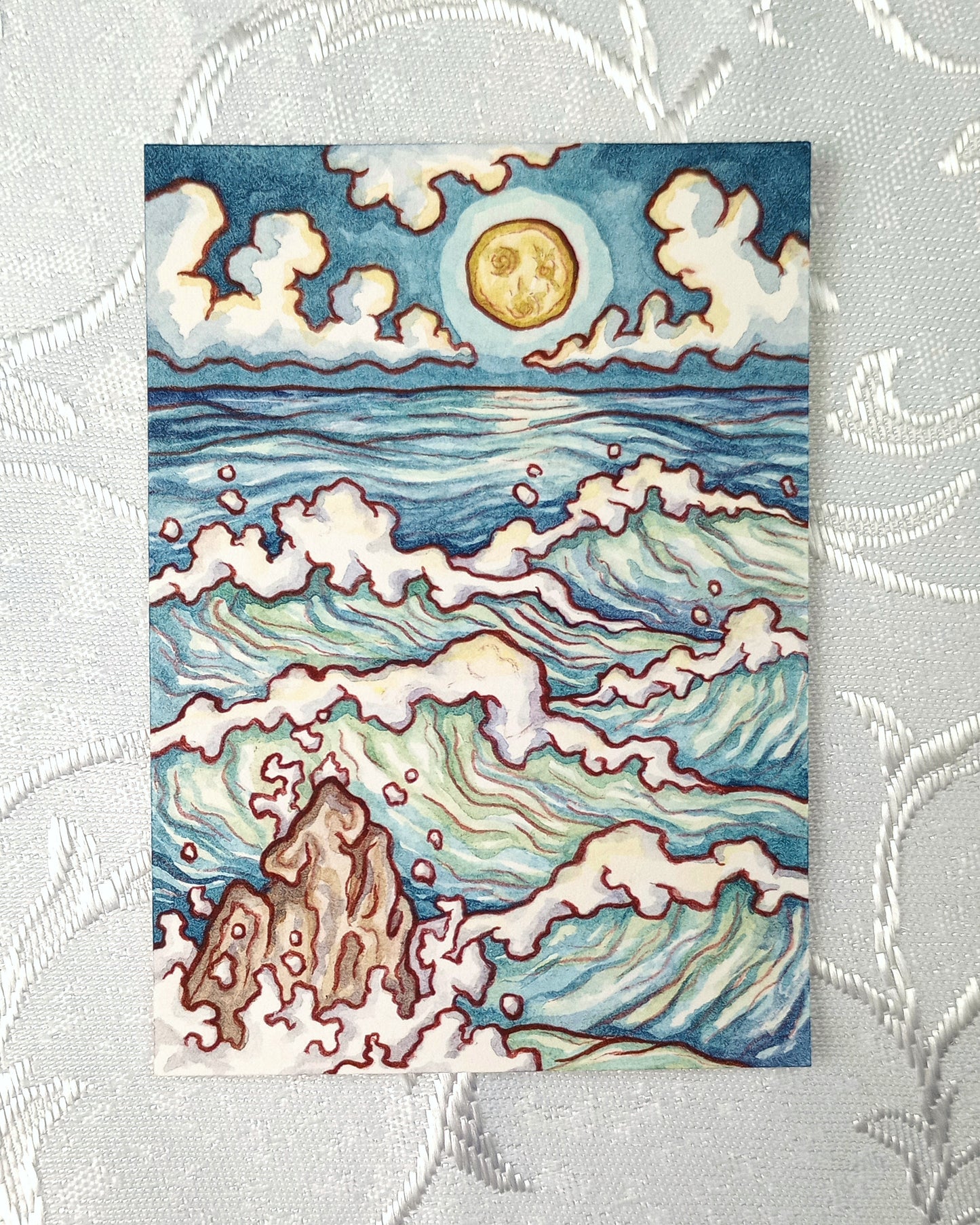 Moonlit Ocean Study No. 1 (Original Watercolor Seascape ACEO, Display Easel Not Included)