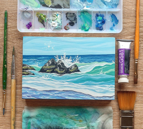January 06 (Miniature Gouache Seascape on Wooden Panel—Unframed Original—Ocean-A-Day Collection)