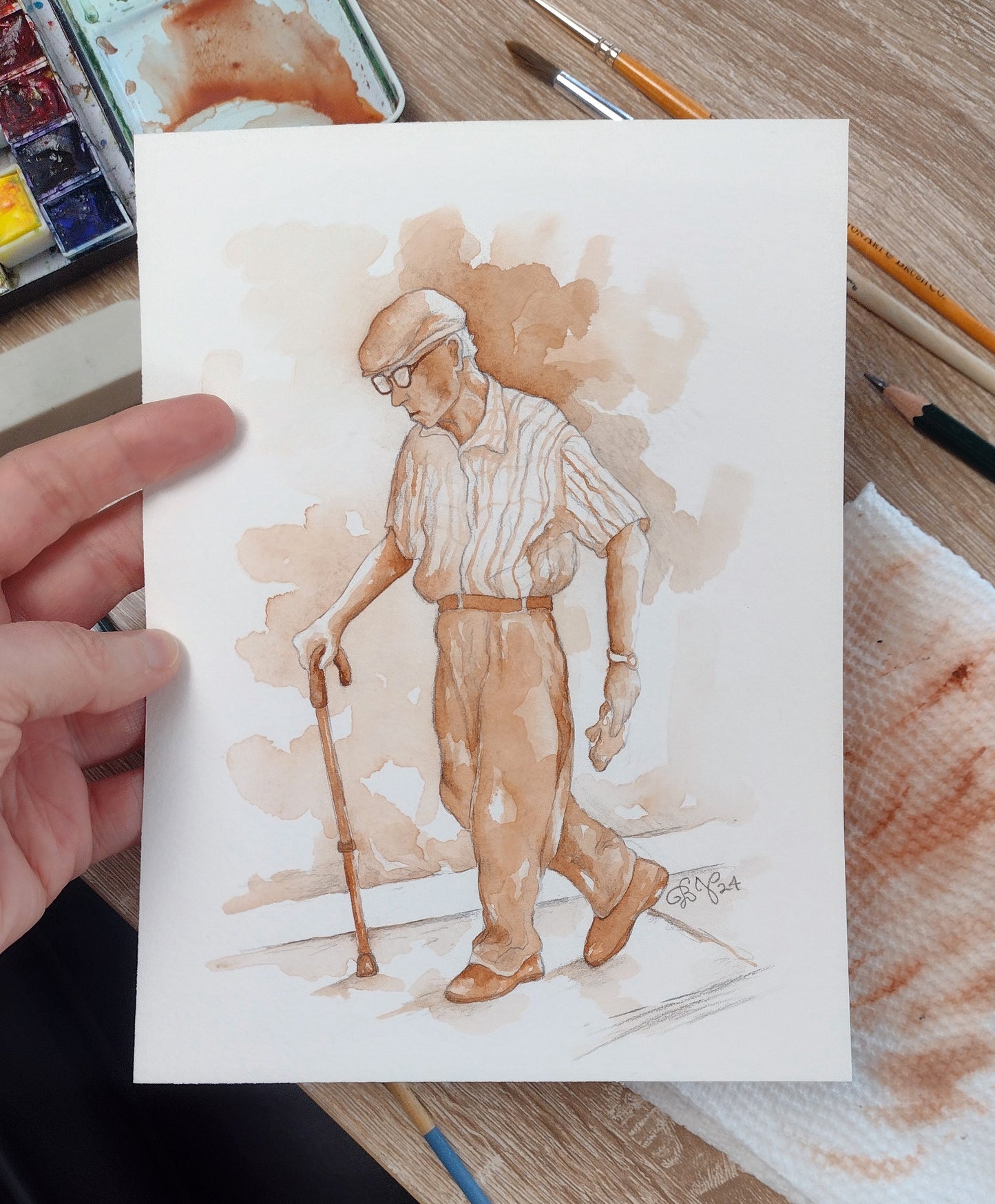 "Tom in Sepia" (Original Monochromatic Watercolor Sketch)