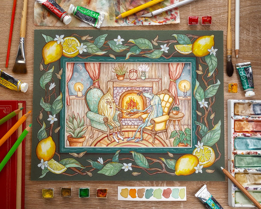 "The Lemon Seed" Original Watercolor Painting with Custom-Painted Mat (UNFRAMED, 11x14 inches)