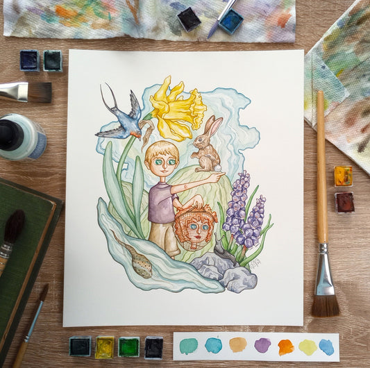 Surrealist stylized watercolor painting shows a blonde-haired boy pointing ahead with one hand and carrying in the other the smiling and placid head of a girl with curly red hair. The head is nestled into a mesh bag and looks very much alive. The pair is surrounded by wildlife: a dipping swallow, a towering daffodil, a rabbit perched on top of a comically high green hill, a stand of grape hyacinths, a giant black slug, and a tadpole swimming in a patch of clear water. The painting is intricately rendered an