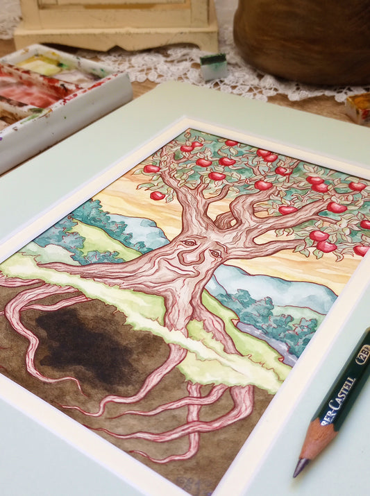 "The Apple Tree" Matted Original Watercolor Painting (7x5 inch painting paired with 10x8 inch mat)