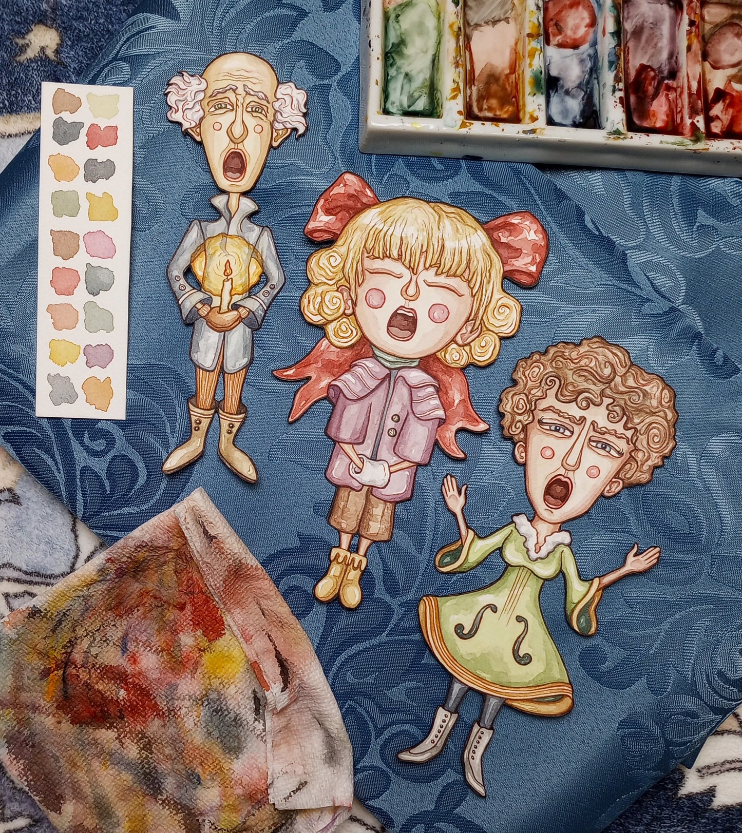 Sprites of Caroling: Original Watercolor Paper Art Dolls