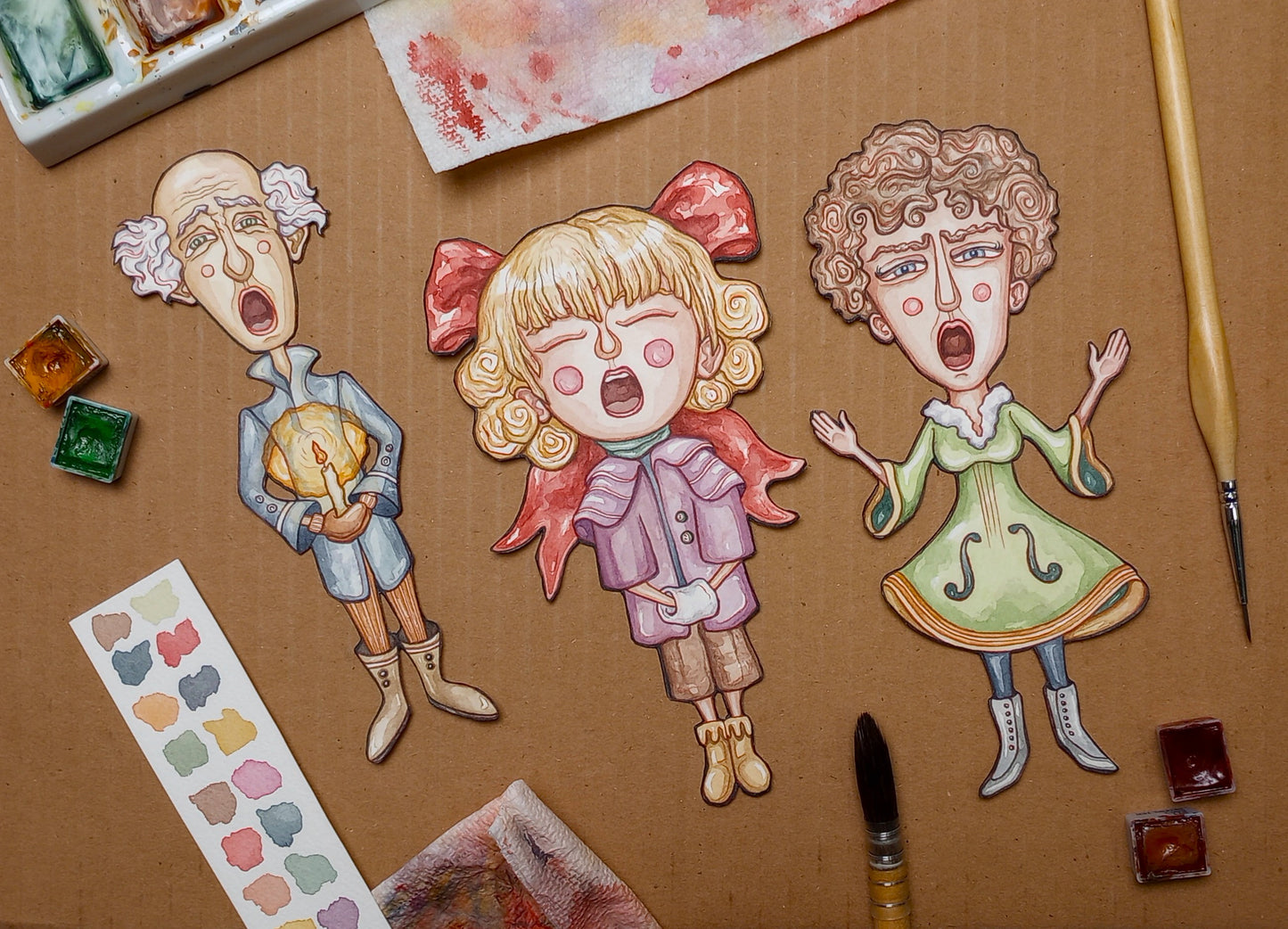 Sprites of Caroling: Original Watercolor Paper Art Dolls