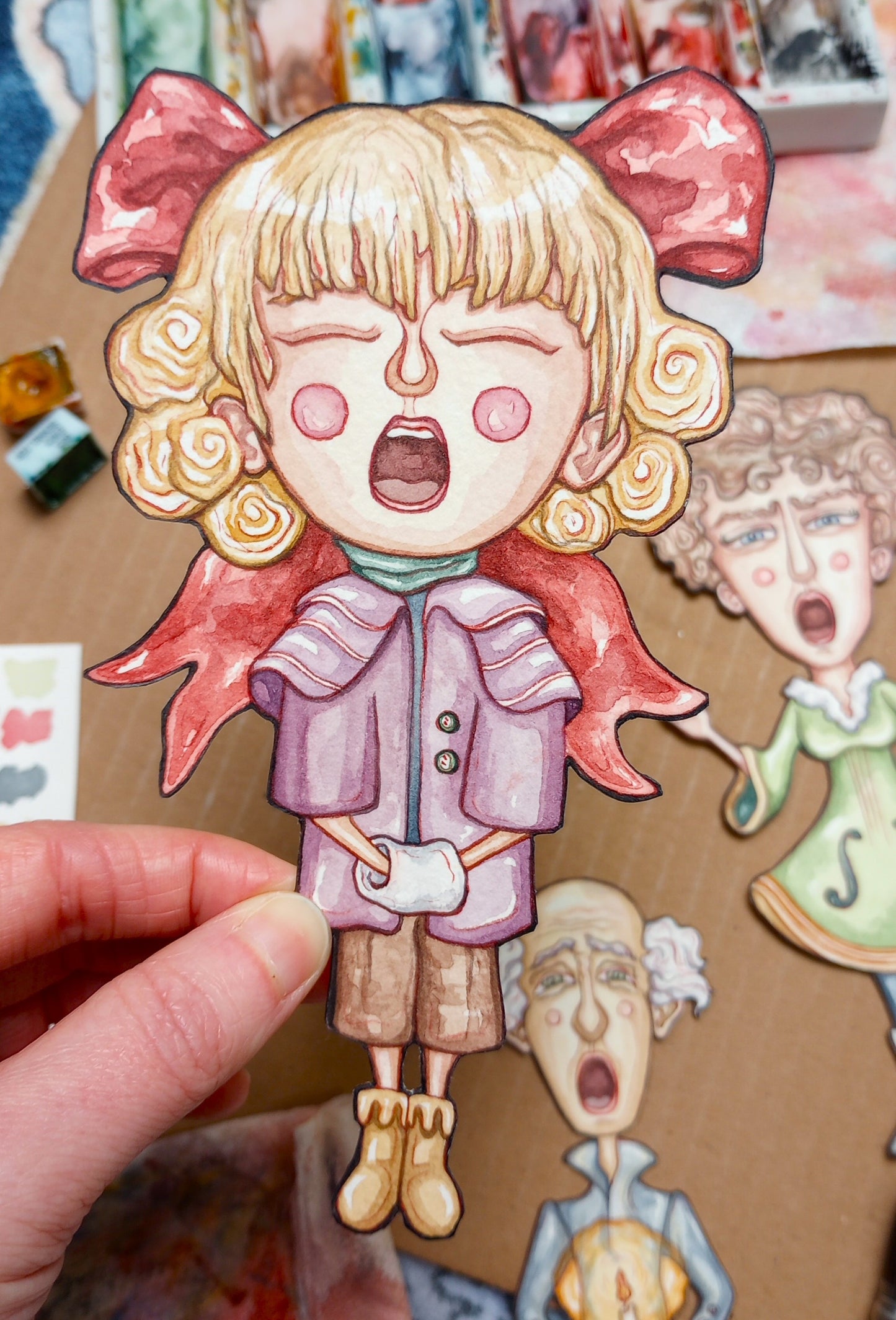 Sprites of Caroling: Original Watercolor Paper Art Dolls