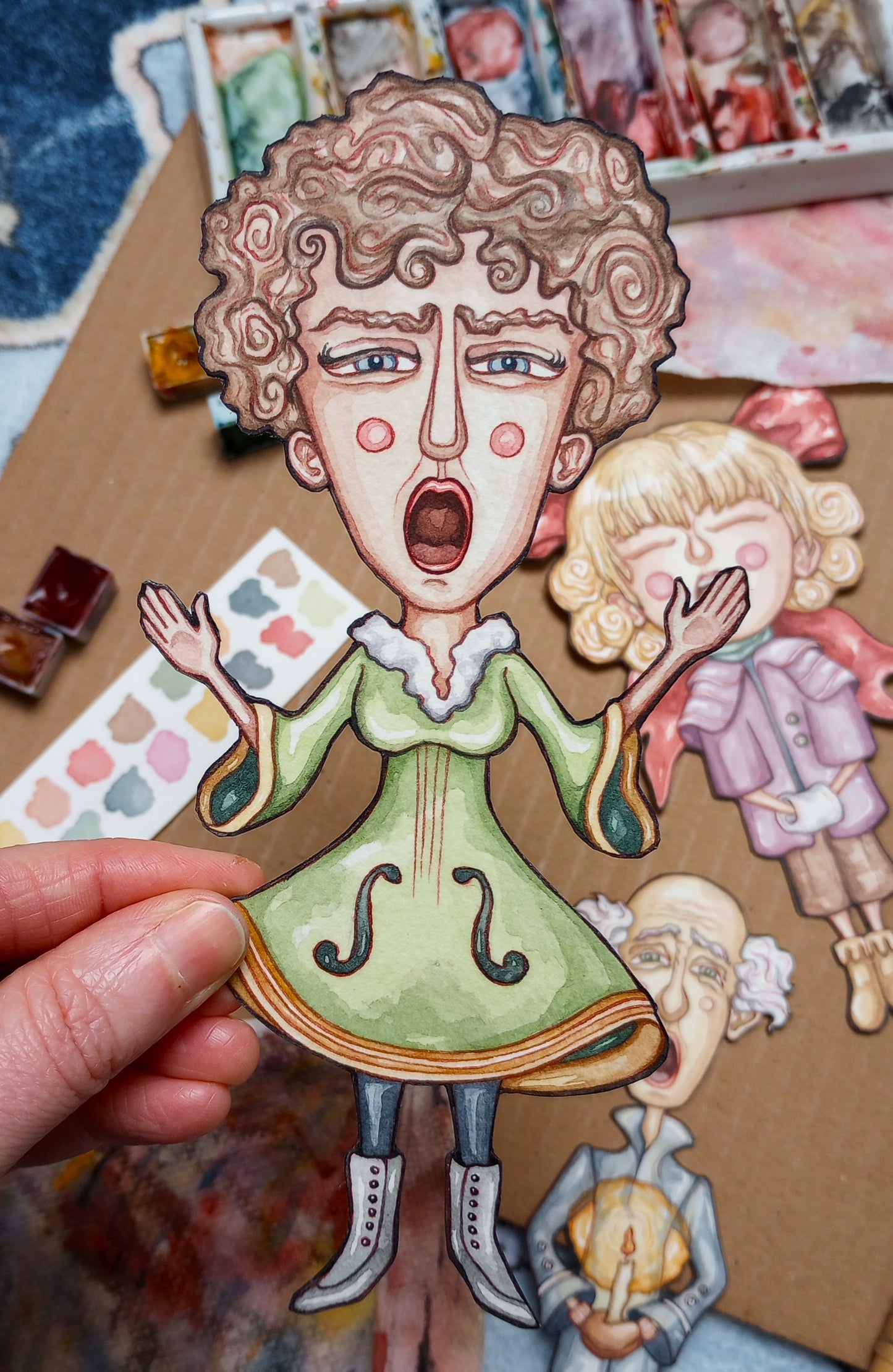 Sprites of Caroling: Original Watercolor Paper Art Dolls