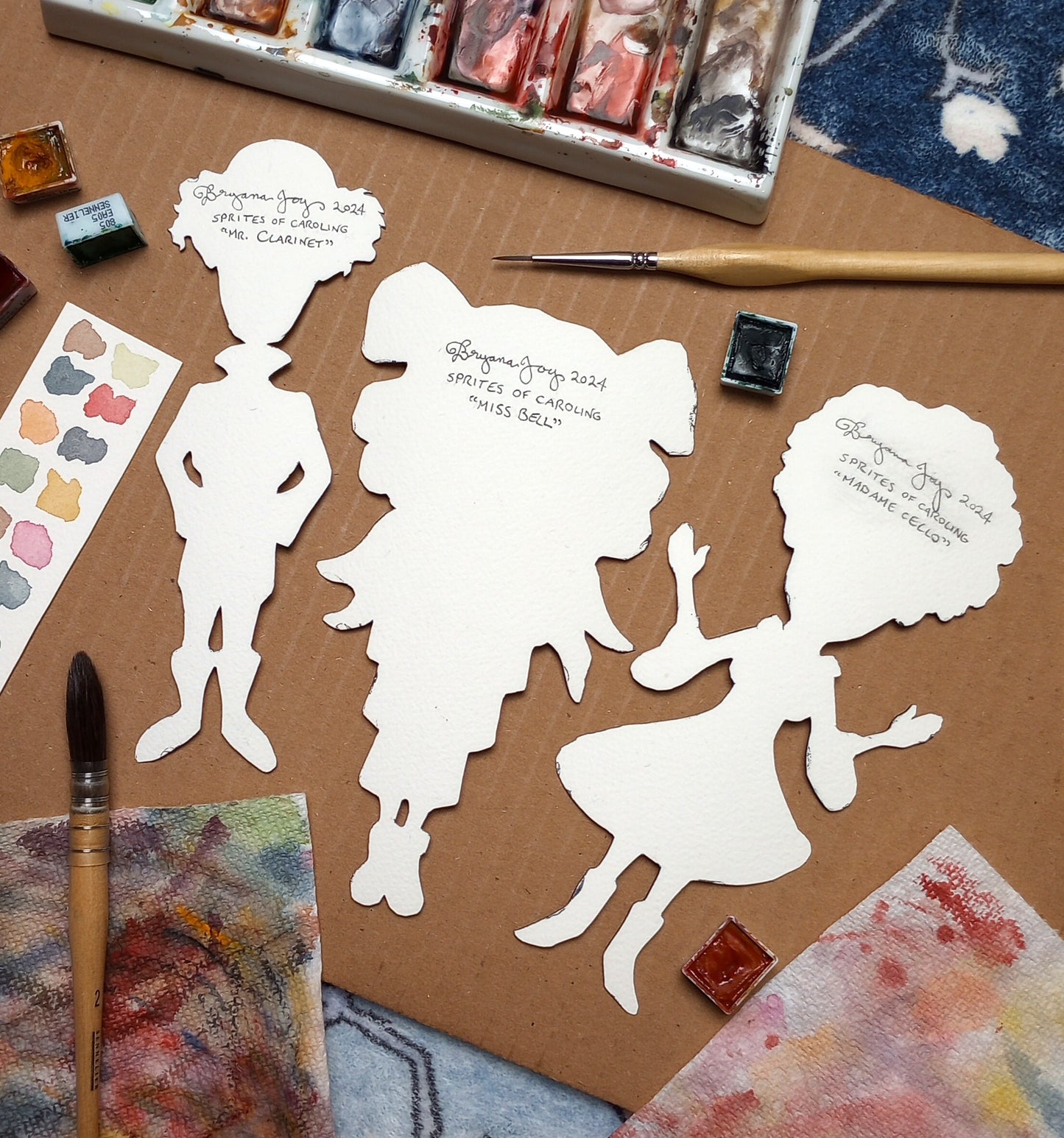 Sprites of Caroling: Original Watercolor Paper Art Dolls