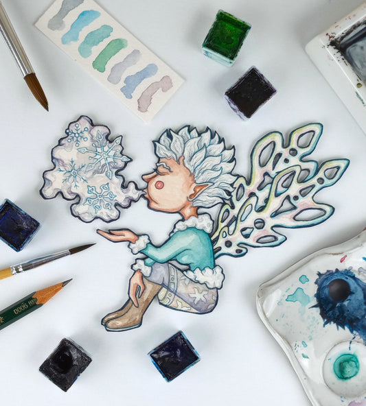 Sprites of Winter: Snowflake Sprite — Original Watercolor Paper Art Doll