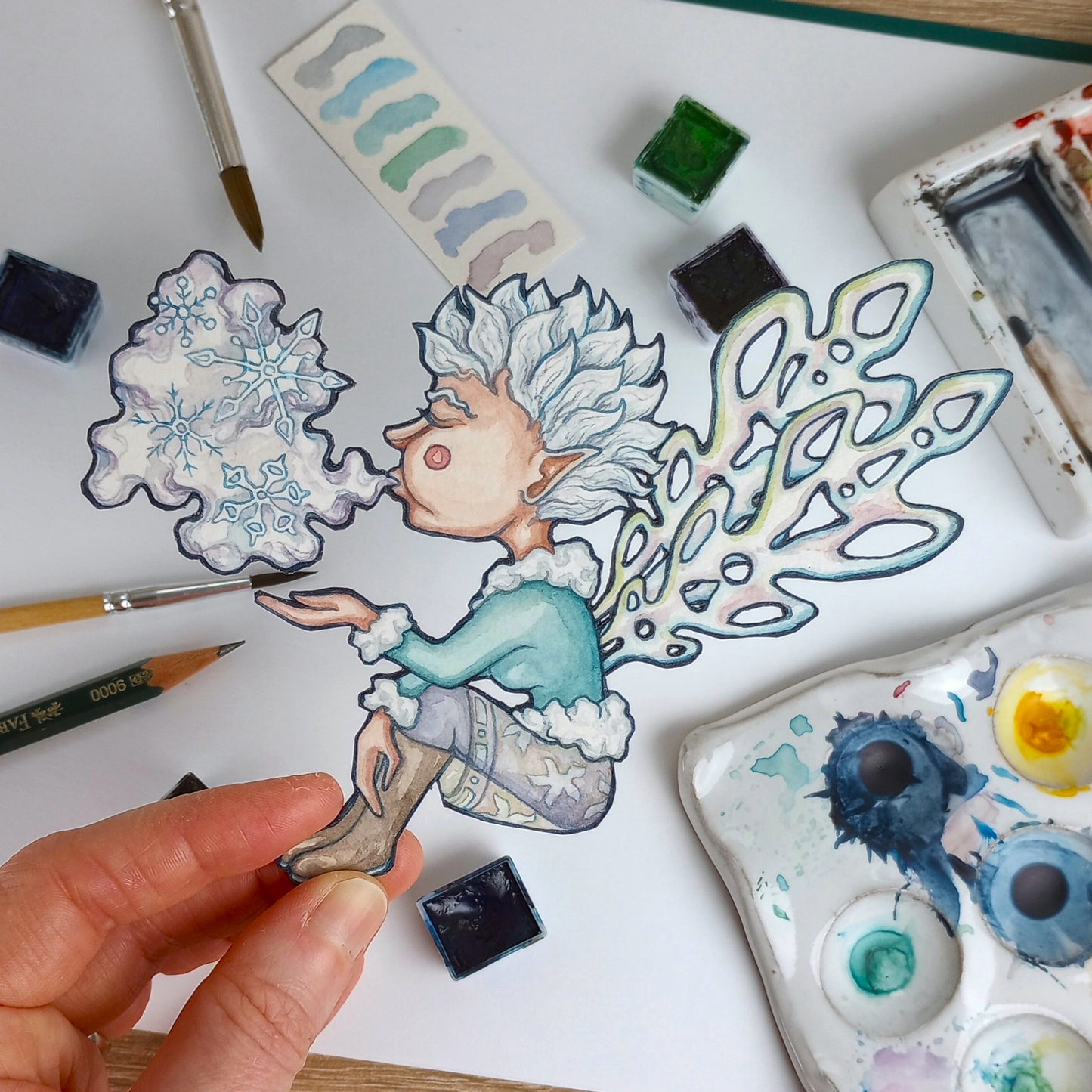 Sprites of Winter: Snowflake Sprite — Original Watercolor Paper Art Doll