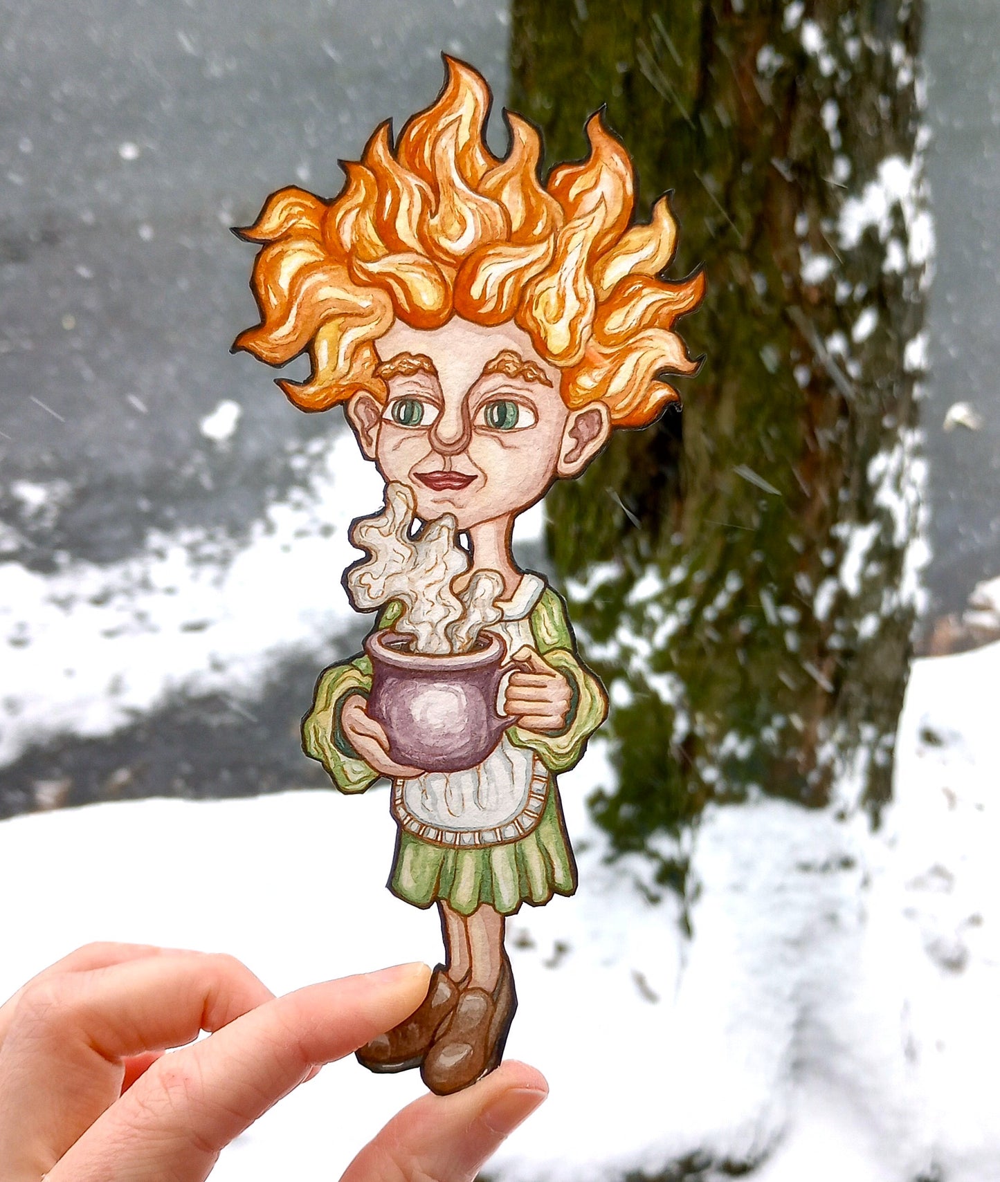 Sprite of Winter Cheer — Original Watercolor Paper Art Doll