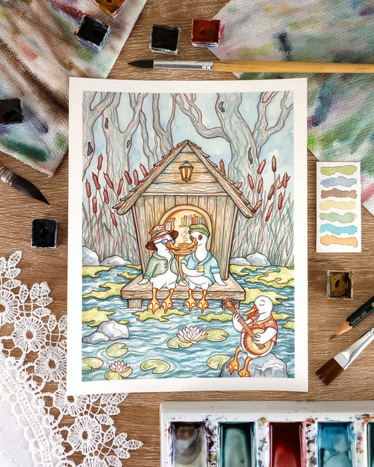 "The Ducks" Original Matted Watercolor Painting (9x12 inches)