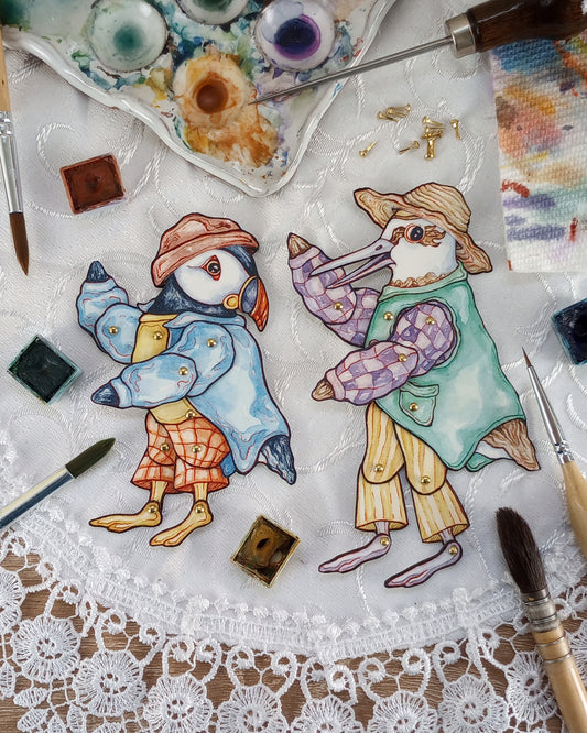 Articulated Paper Doll Kit OR Fully Assembled Doll Set— Puffin and Piper — Pin Fasteners Included!