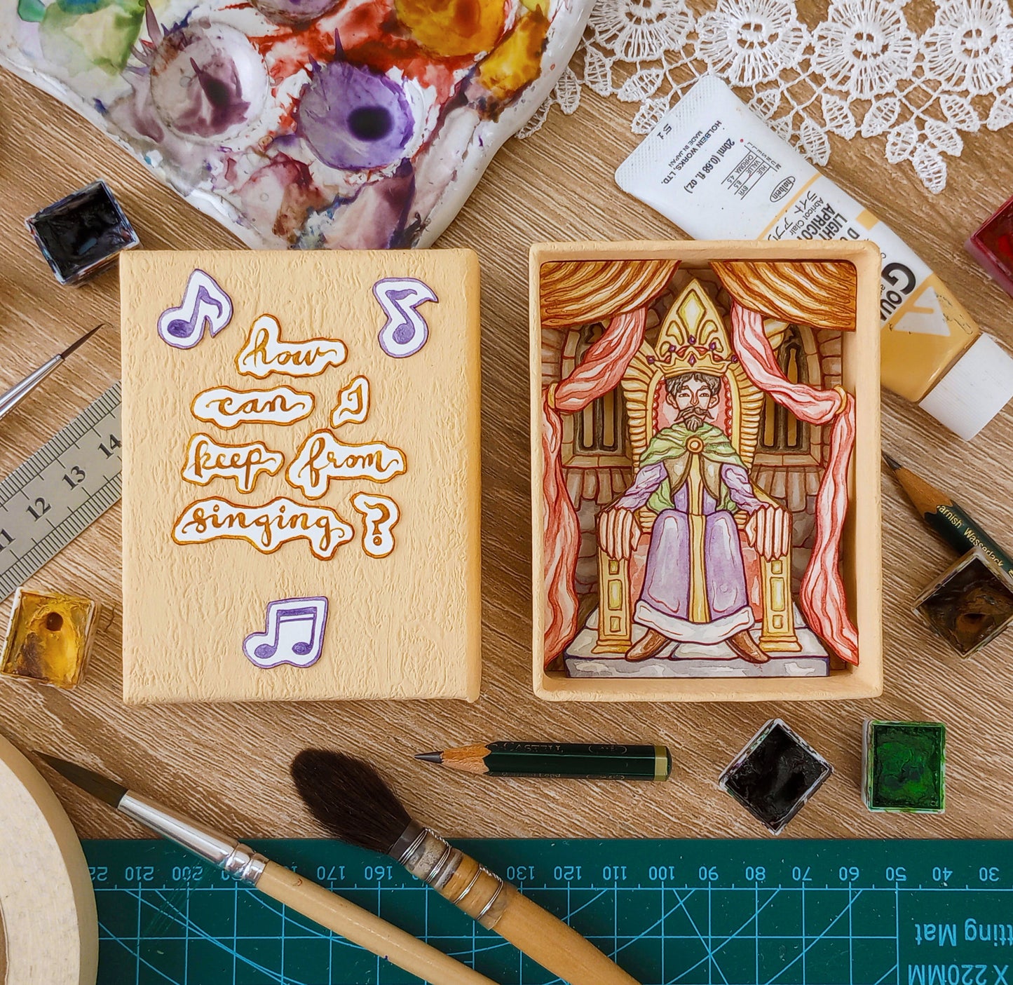 "How Can I Keep From Singing?" — Original Miniature Watercolor Diorama Box with Action