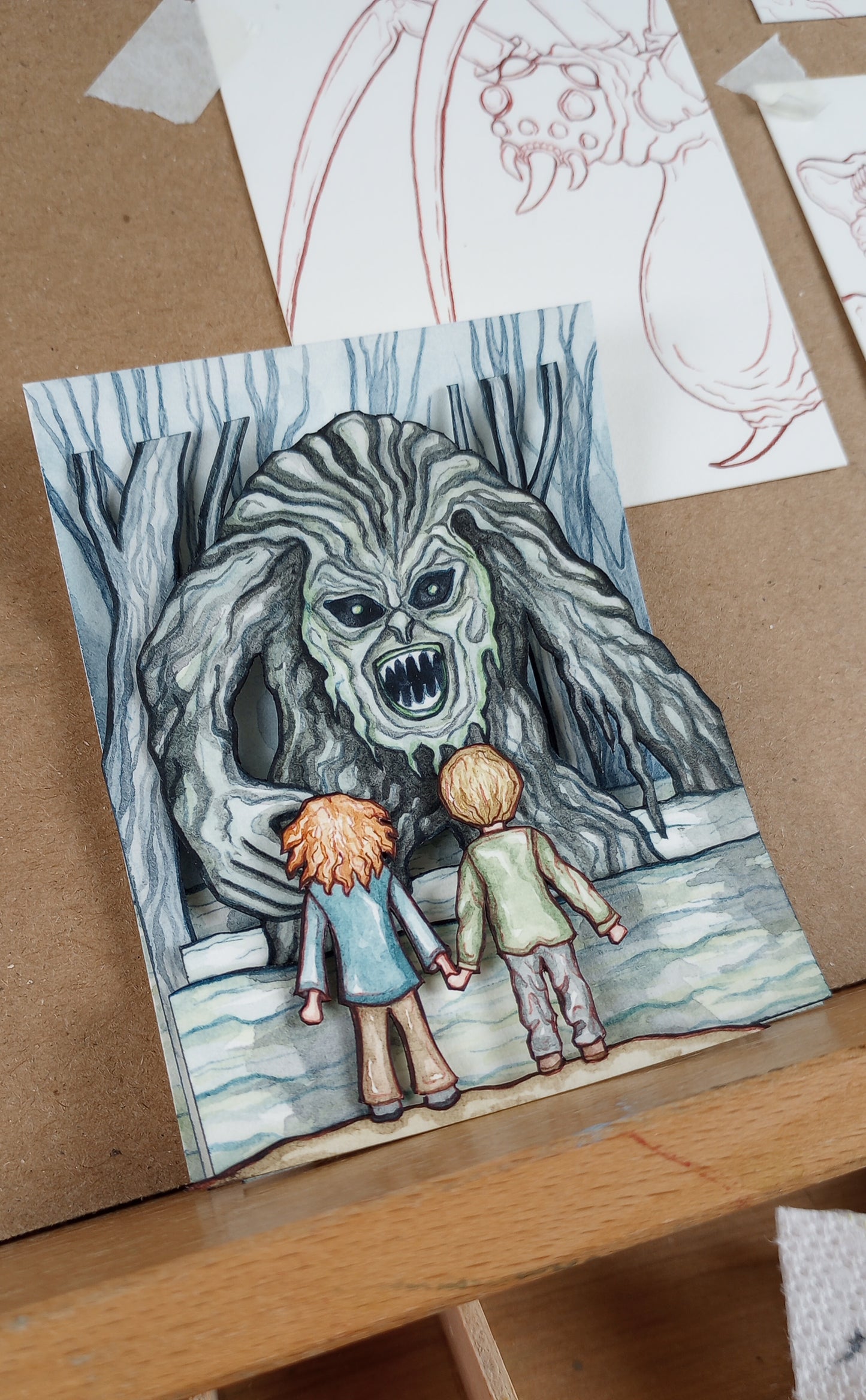 "Who's Afraid of the Bog Monster?" — Original Miniature Watercolor Diorama Box