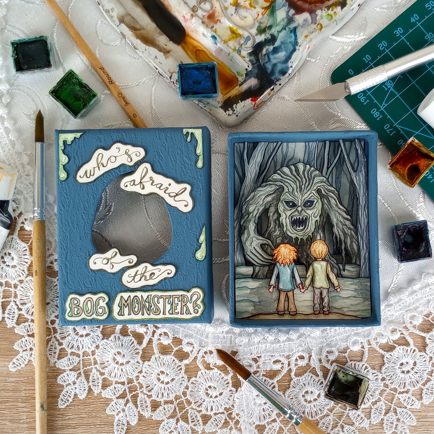 "Who's Afraid of the Bog Monster?" — Original Miniature Watercolor Diorama Box
