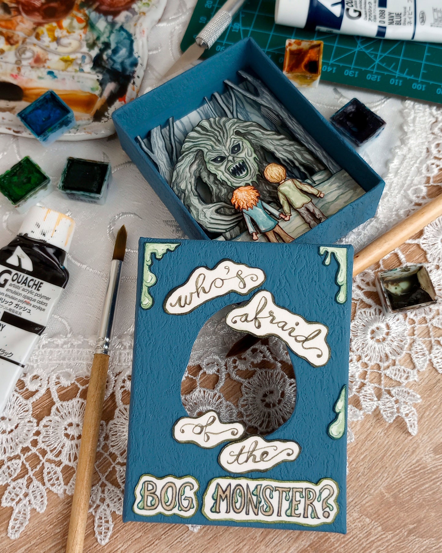 "Who's Afraid of the Bog Monster?" — Original Miniature Watercolor Diorama Box