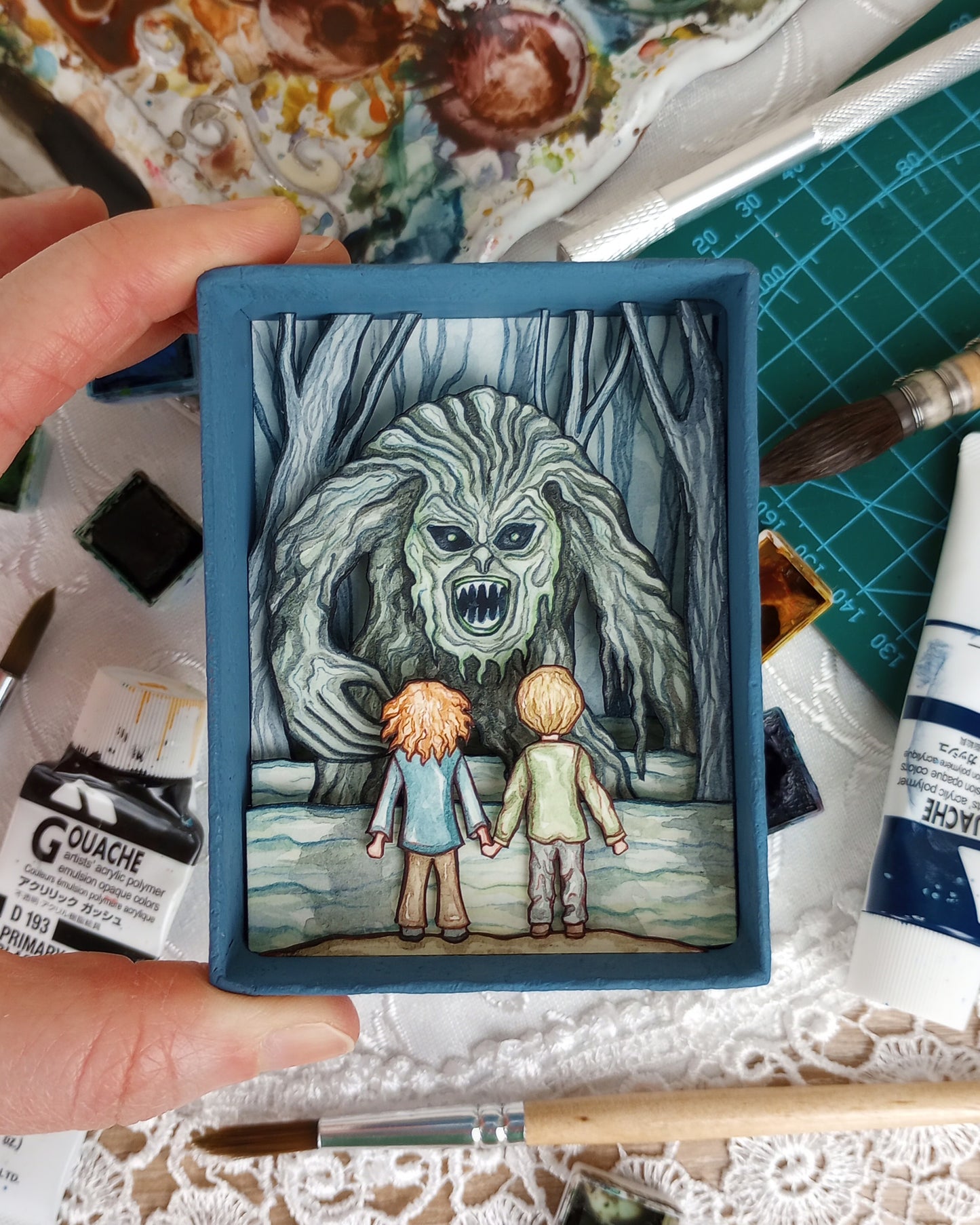 "Who's Afraid of the Bog Monster?" — Original Miniature Watercolor Diorama Box