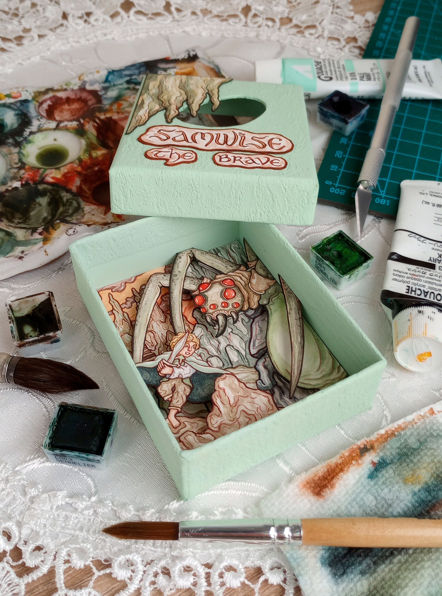 "Samwise The Brave" — Original Miniature Watercolor Diorama Box