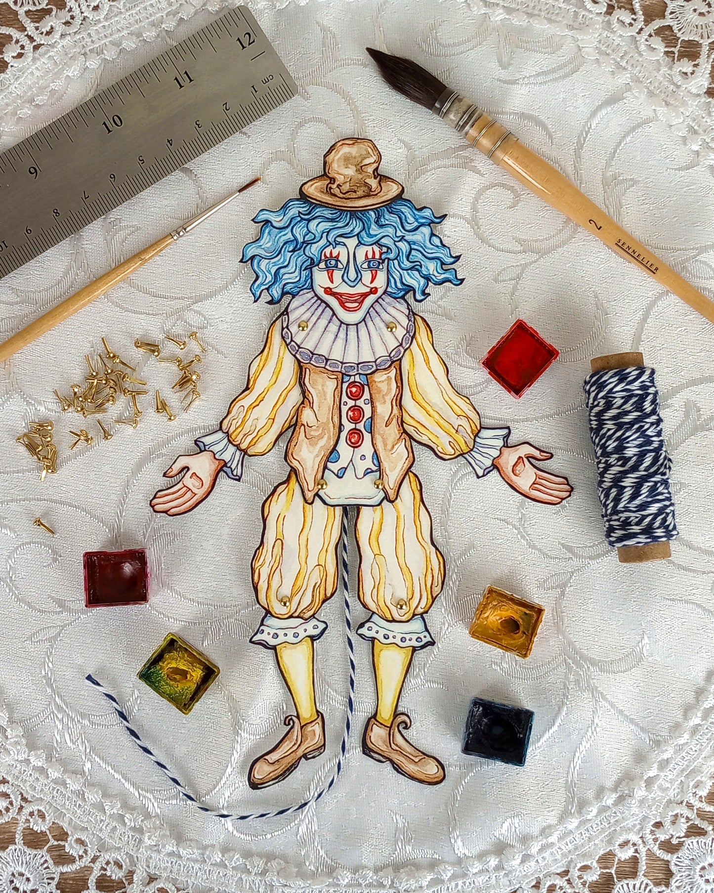 Articulated Paper Jumping Jack Doll Sheet — Lemonade the Clown — Pin Fasteners Included!