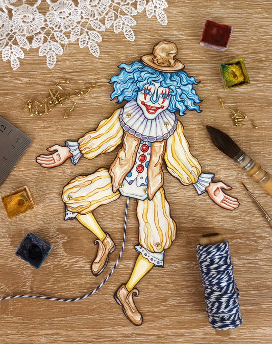 Articulated Paper Jumping Jack Doll Sheet — Lemonade the Clown — Pin Fasteners Included!