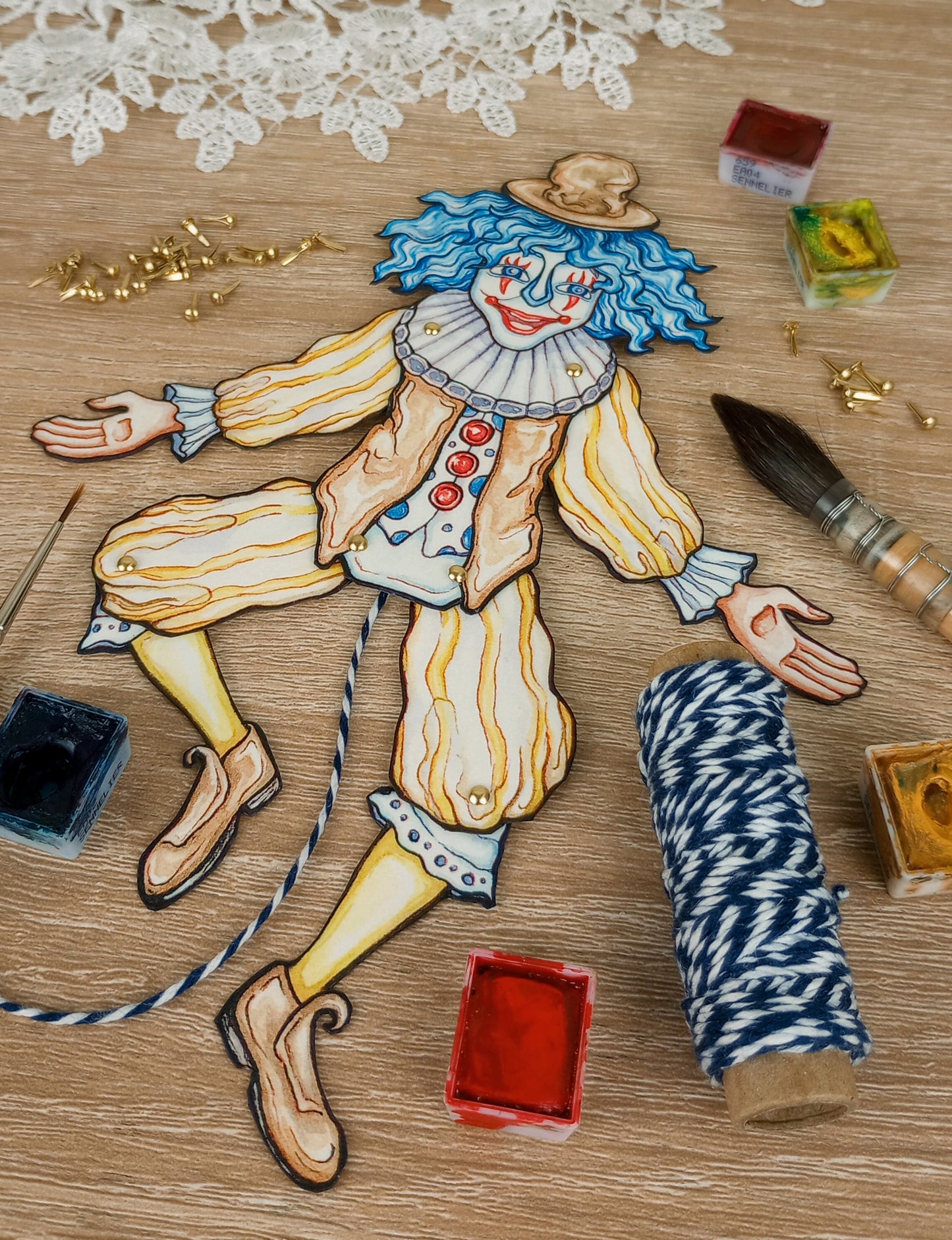 Articulated Paper Jumping Jack Doll Sheet — Lemonade the Clown — Pin Fasteners Included!