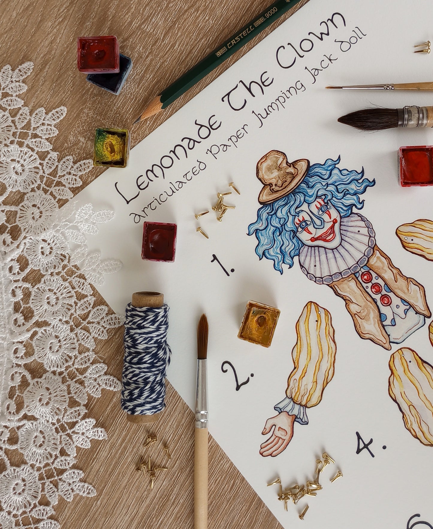 Articulated Paper Jumping Jack Doll Sheet — Lemonade the Clown — Pin Fasteners Included!