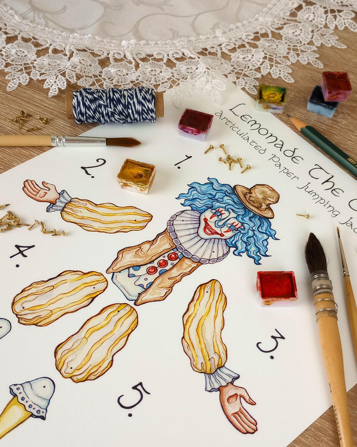 Articulated Paper Jumping Jack Doll Sheet — Lemonade the Clown — Pin Fasteners Included!