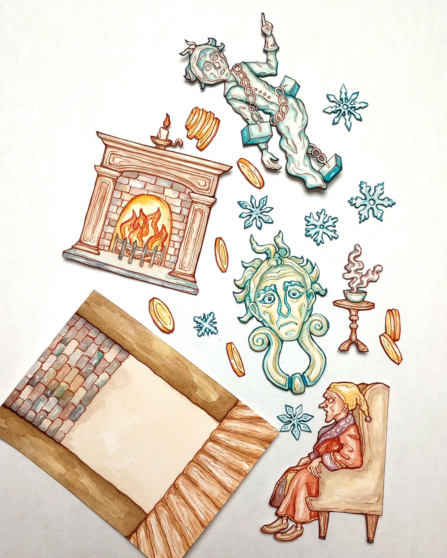 "'Business!' cried the Ghost, wringing its hands again" — Original Miniature Watercolor Diorama Box inspired by Charles Dickens' "A Christmas Carol"