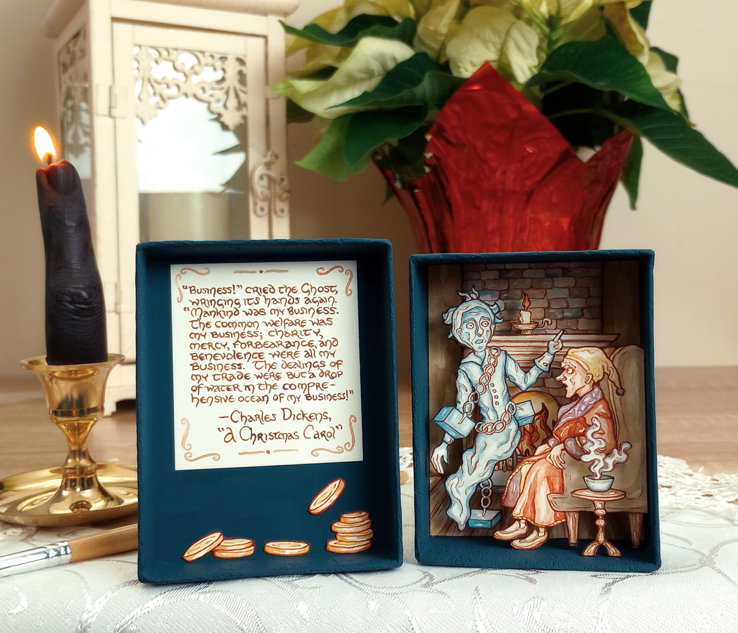 "'Business!' cried the Ghost, wringing its hands again" — Original Miniature Watercolor Diorama Box inspired by Charles Dickens' "A Christmas Carol"