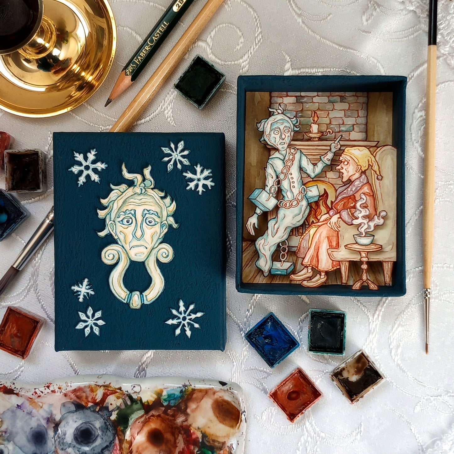 "'Business!' cried the Ghost, wringing its hands again" — Original Miniature Watercolor Diorama Box inspired by Charles Dickens' "A Christmas Carol"