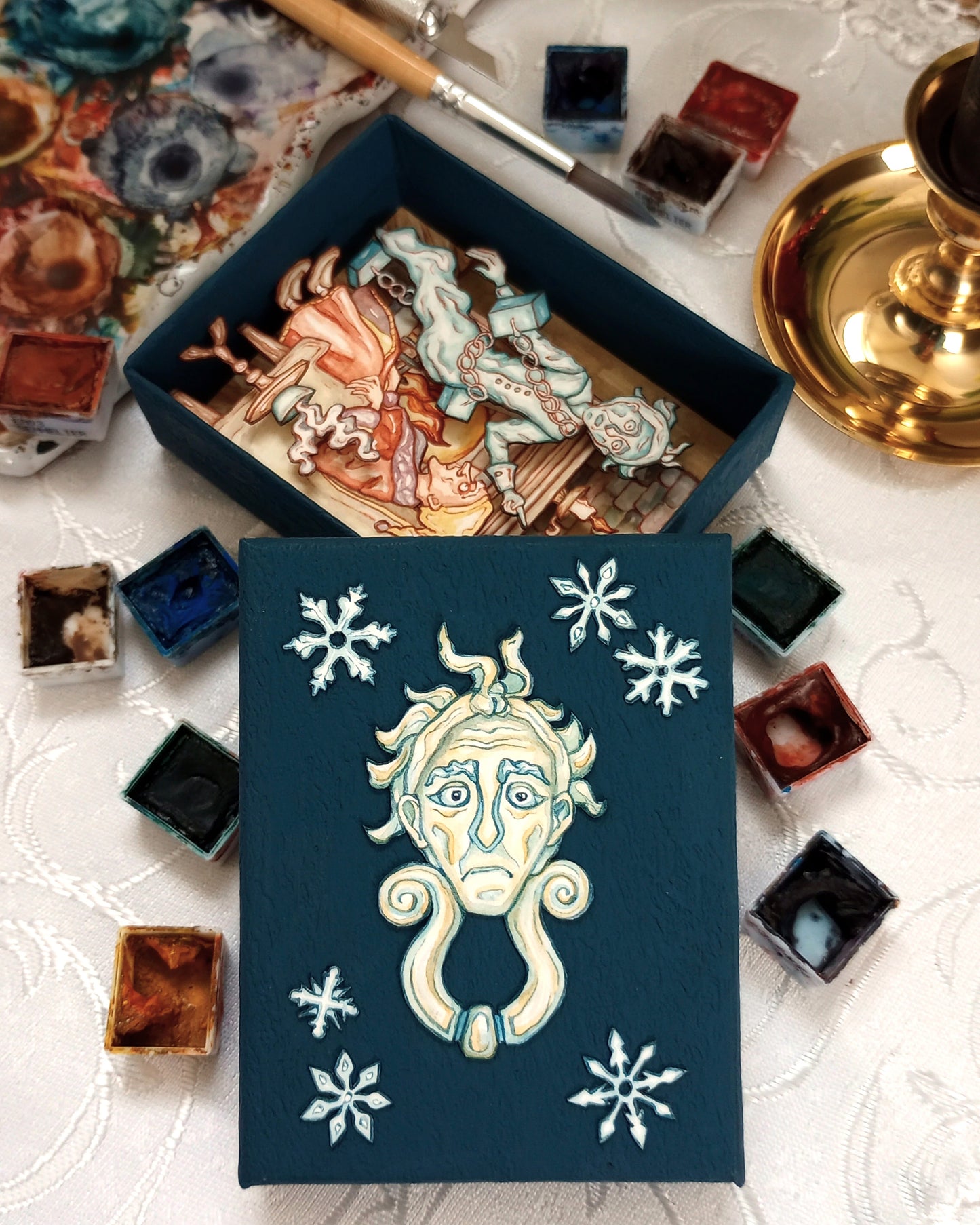 "'Business!' cried the Ghost, wringing its hands again" — Original Miniature Watercolor Diorama Box inspired by Charles Dickens' "A Christmas Carol"