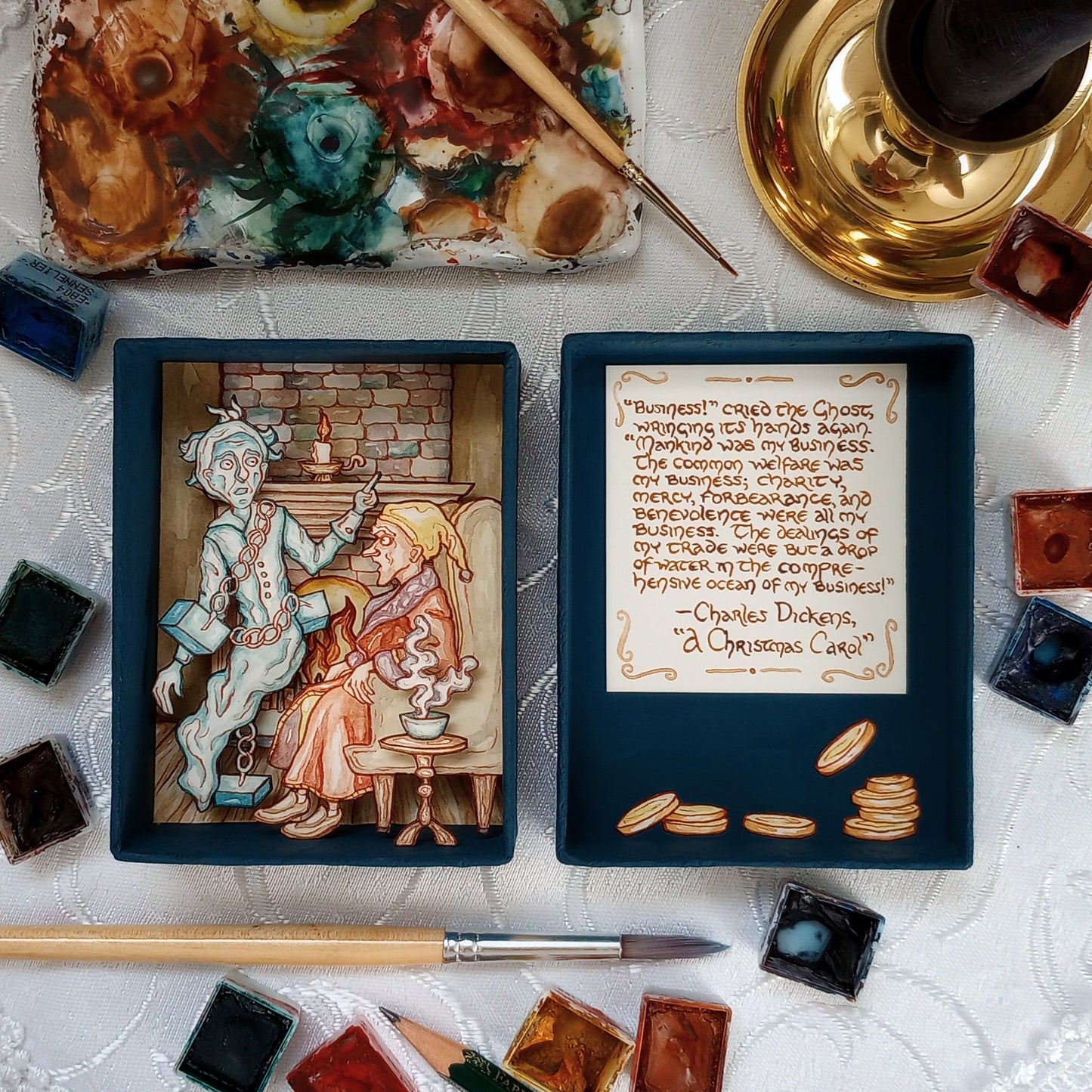 "'Business!' cried the Ghost, wringing its hands again" — Original Miniature Watercolor Diorama Box inspired by Charles Dickens' "A Christmas Carol"