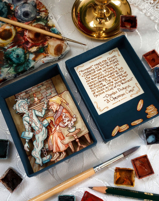 "'Business!' cried the Ghost, wringing its hands again" — Original Miniature Watercolor Diorama Box inspired by Charles Dickens' "A Christmas Carol"