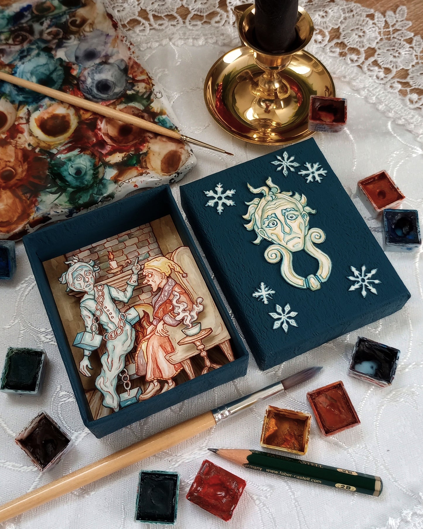 "'Business!' cried the Ghost, wringing its hands again" — Original Miniature Watercolor Diorama Box inspired by Charles Dickens' "A Christmas Carol"