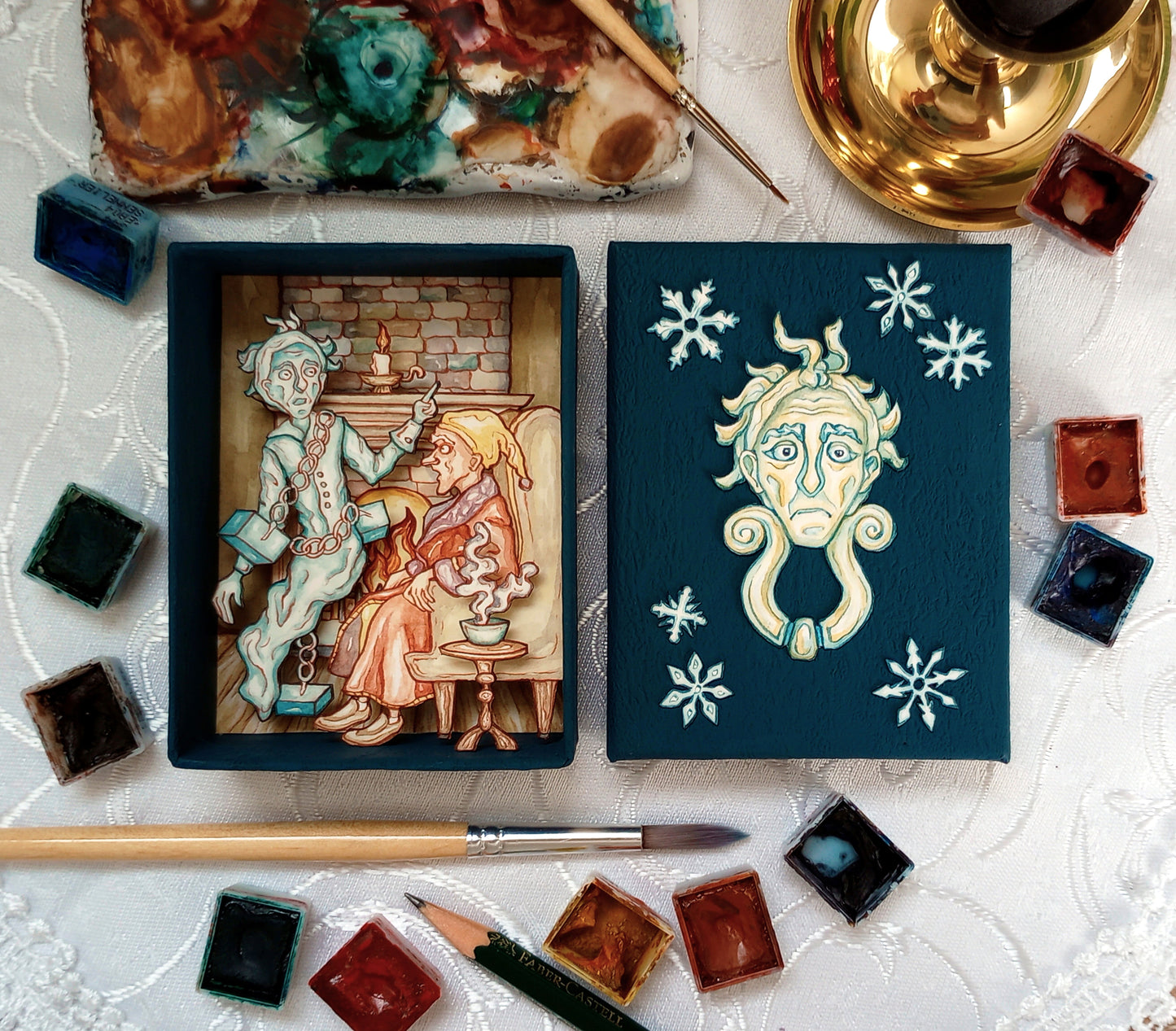 "'Business!' cried the Ghost, wringing its hands again" — Original Miniature Watercolor Diorama Box inspired by Charles Dickens' "A Christmas Carol"