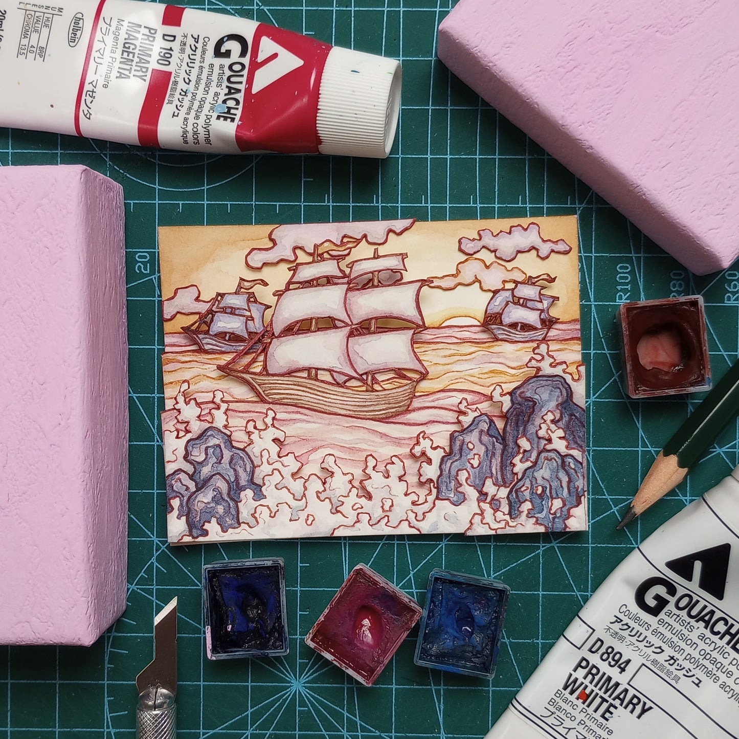 "I Saw Three Ships Come Sailing In" — Original Miniature Watercolor Diorama Box inspired by Traditional Christmas Carol