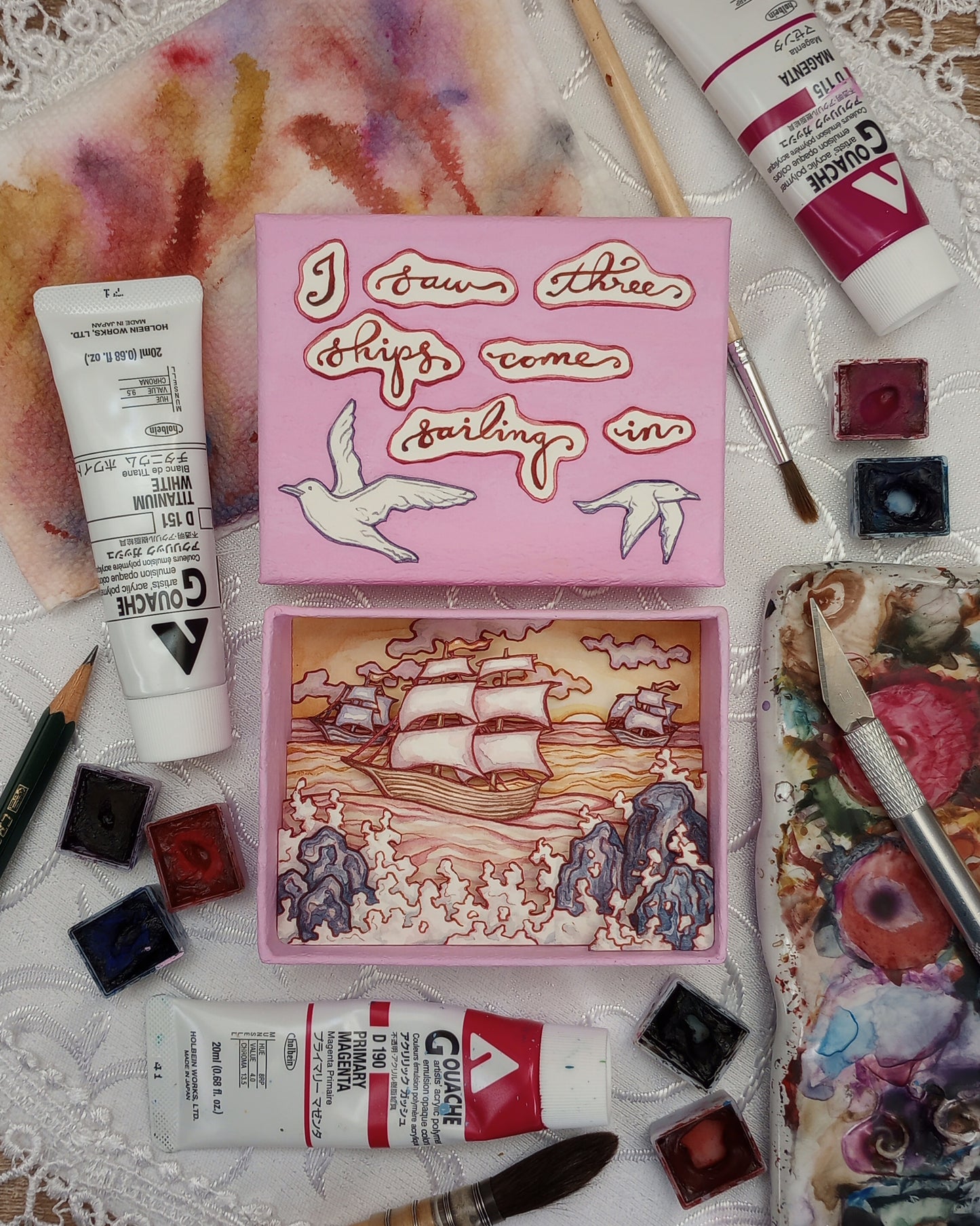 "I Saw Three Ships Come Sailing In" — Original Miniature Watercolor Diorama Box inspired by Traditional Christmas Carol