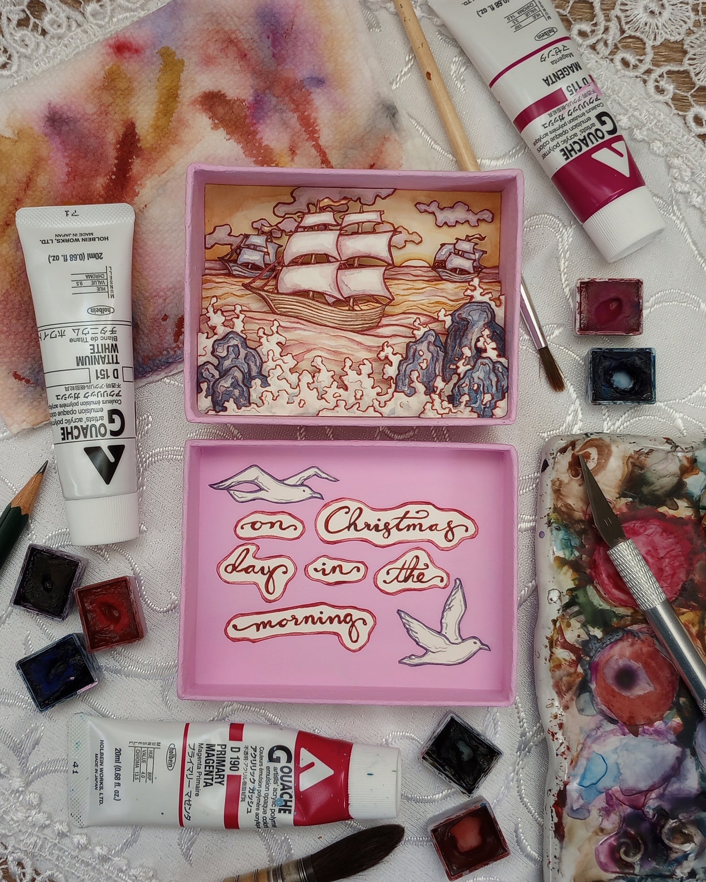 "I Saw Three Ships Come Sailing In" — Original Miniature Watercolor Diorama Box inspired by Traditional Christmas Carol