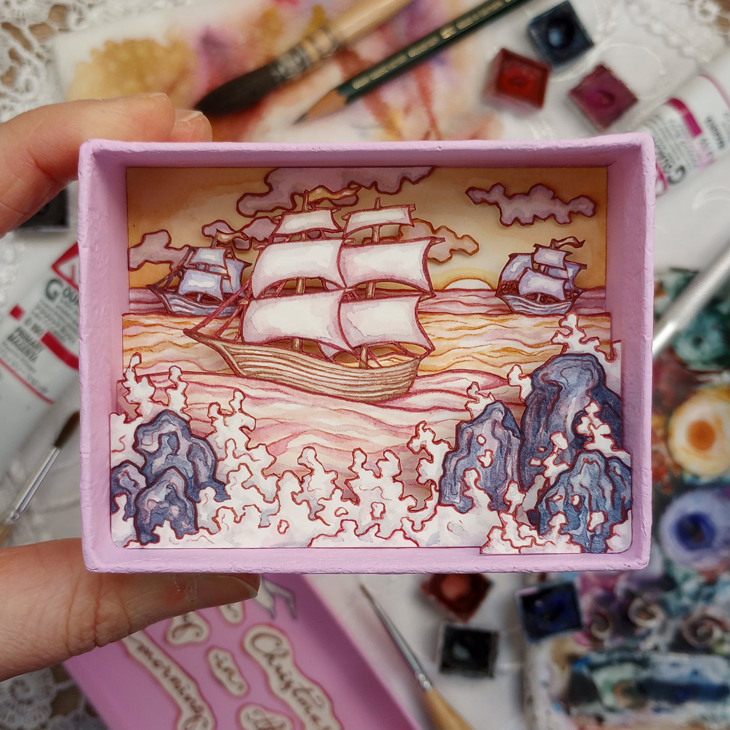 "I Saw Three Ships Come Sailing In" — Original Miniature Watercolor Diorama Box inspired by Traditional Christmas Carol