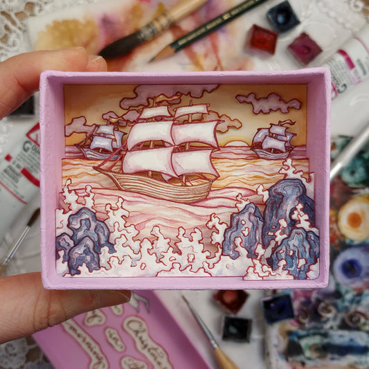 "I Saw Three Ships Come Sailing In" — Original Miniature Watercolor Diorama Box inspired by Traditional Christmas Carol
