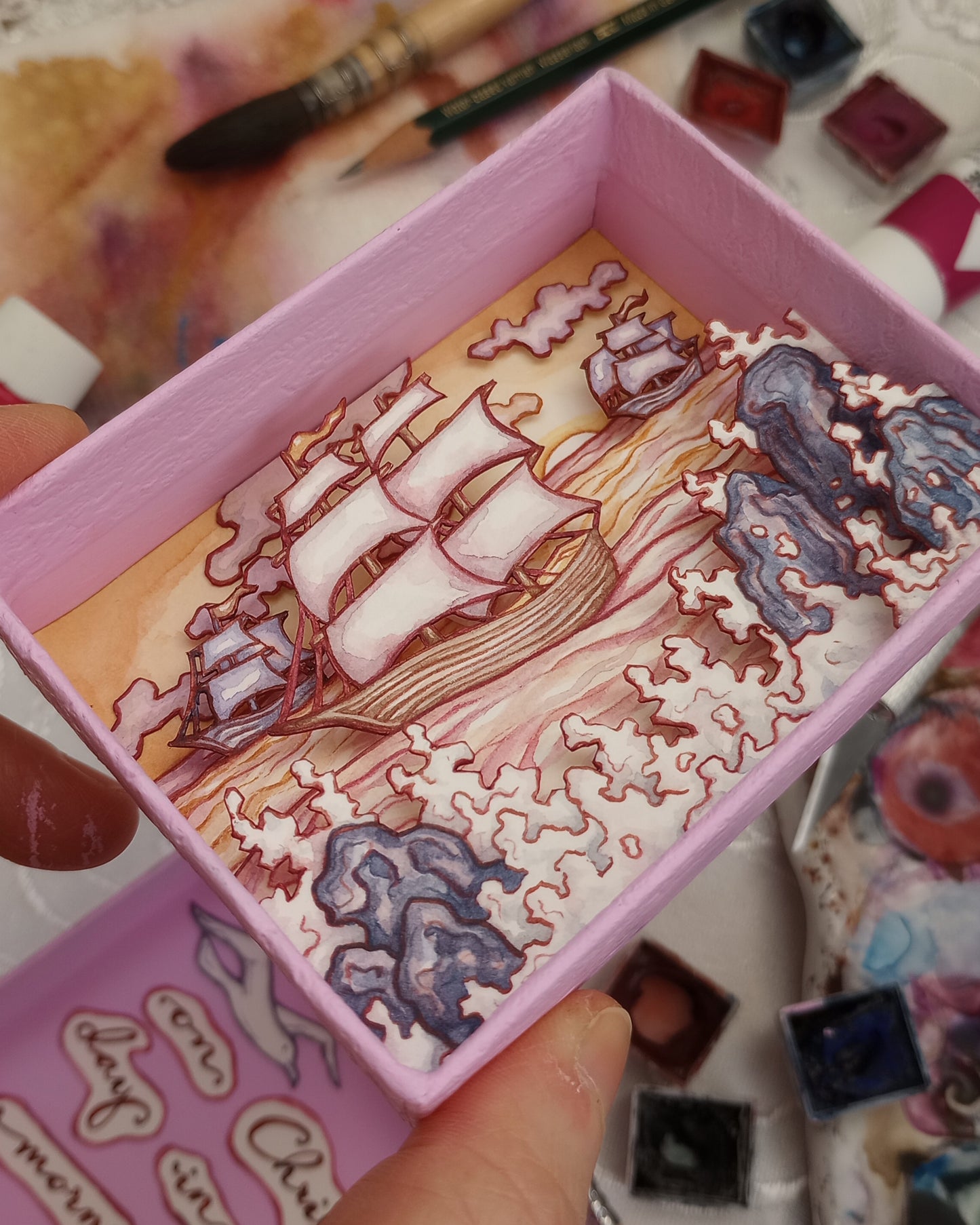 "I Saw Three Ships Come Sailing In" — Original Miniature Watercolor Diorama Box inspired by Traditional Christmas Carol