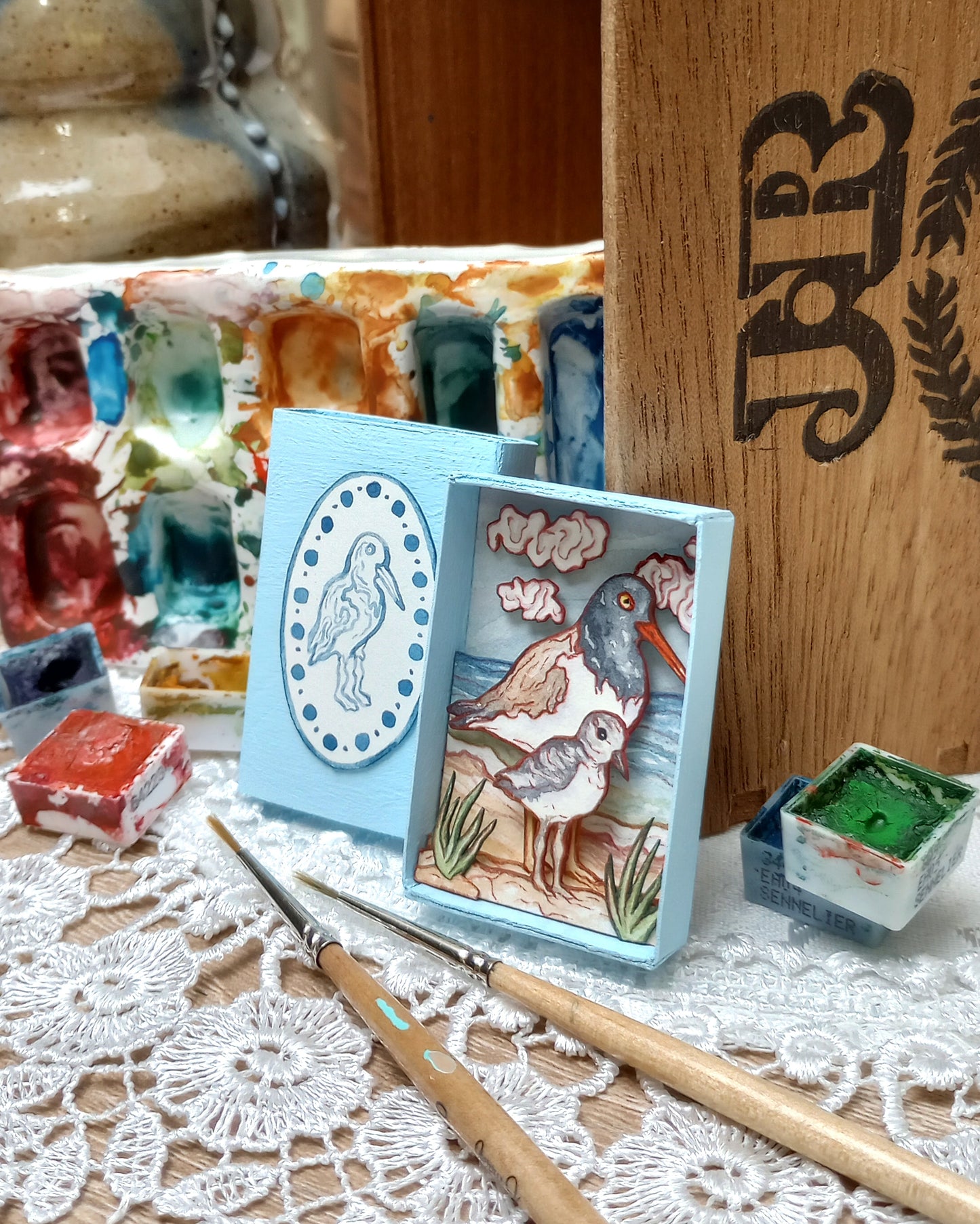 "American Oystercatchers" — Original Watercolor Matchbox Diorama