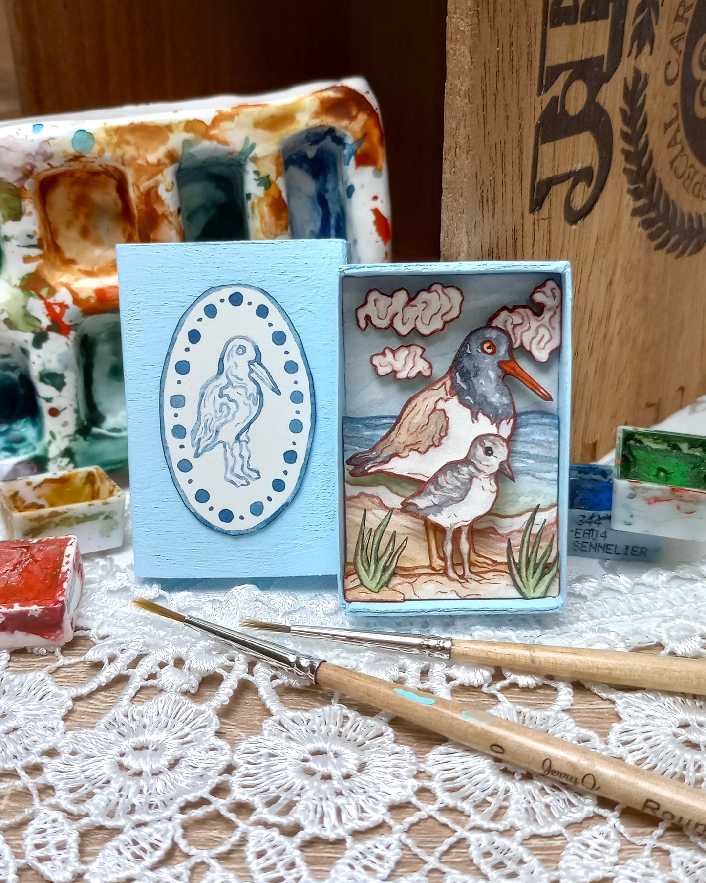 "American Oystercatchers" — Original Watercolor Matchbox Diorama