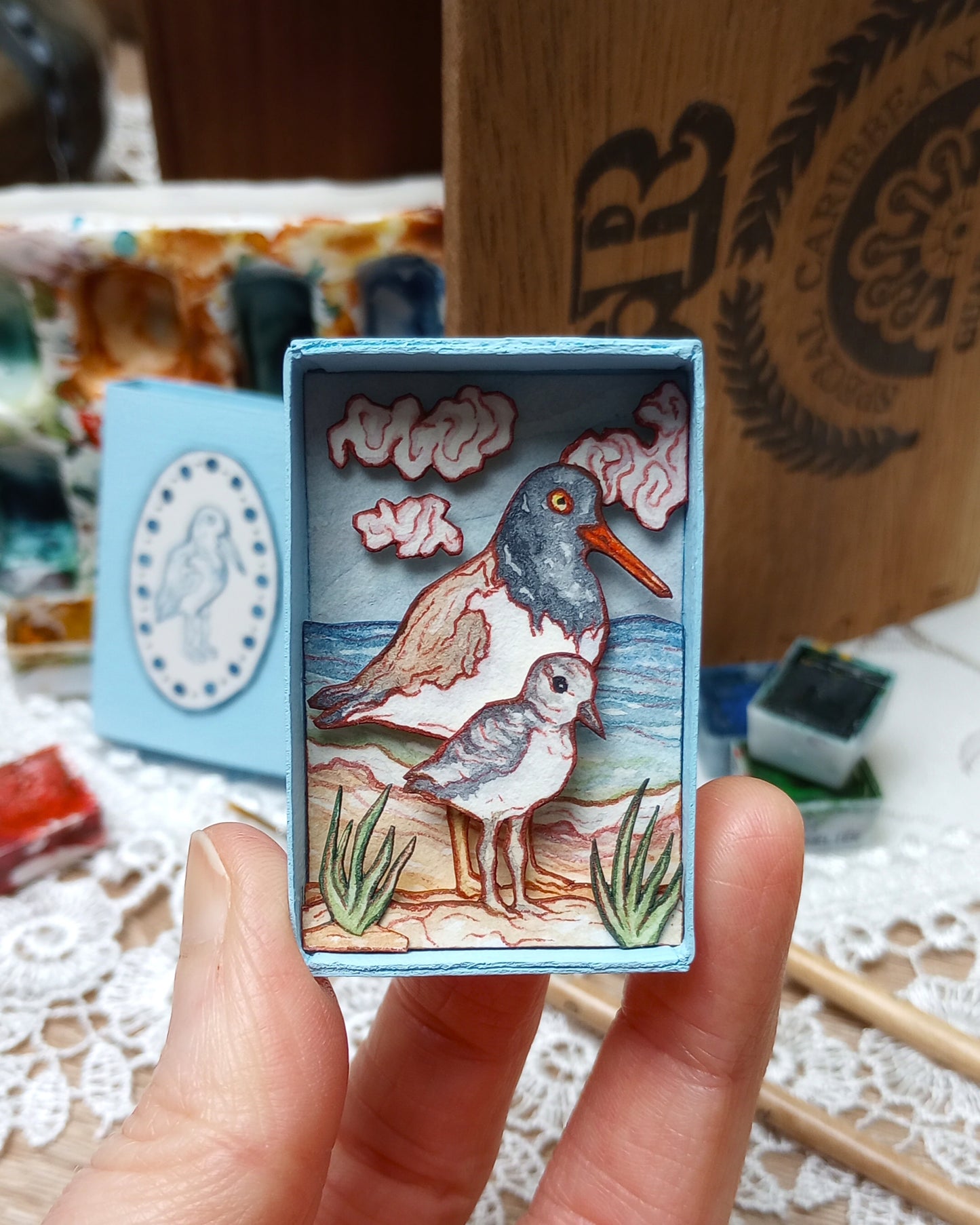 "American Oystercatchers" — Original Watercolor Matchbox Diorama