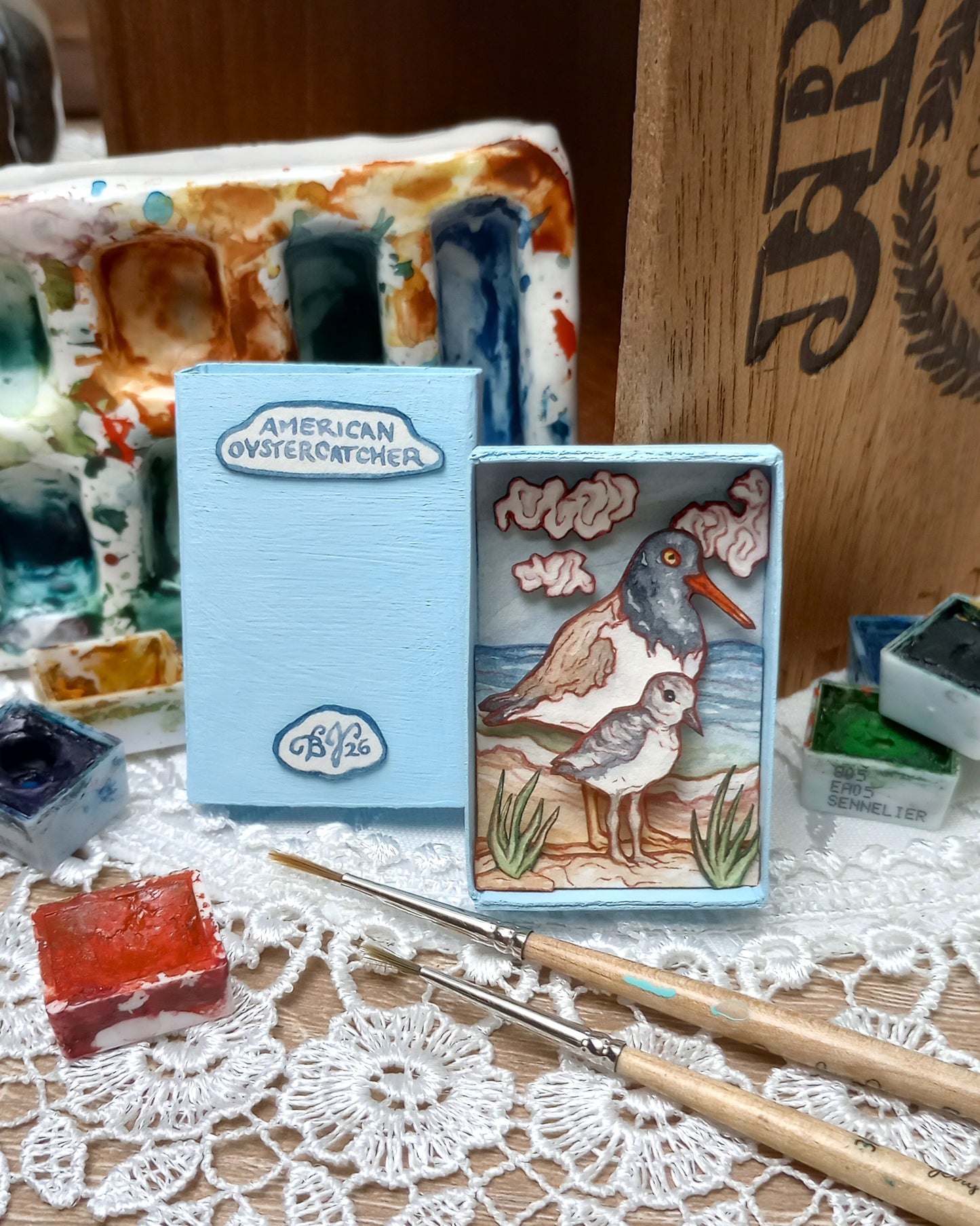 "American Oystercatchers" — Original Watercolor Matchbox Diorama