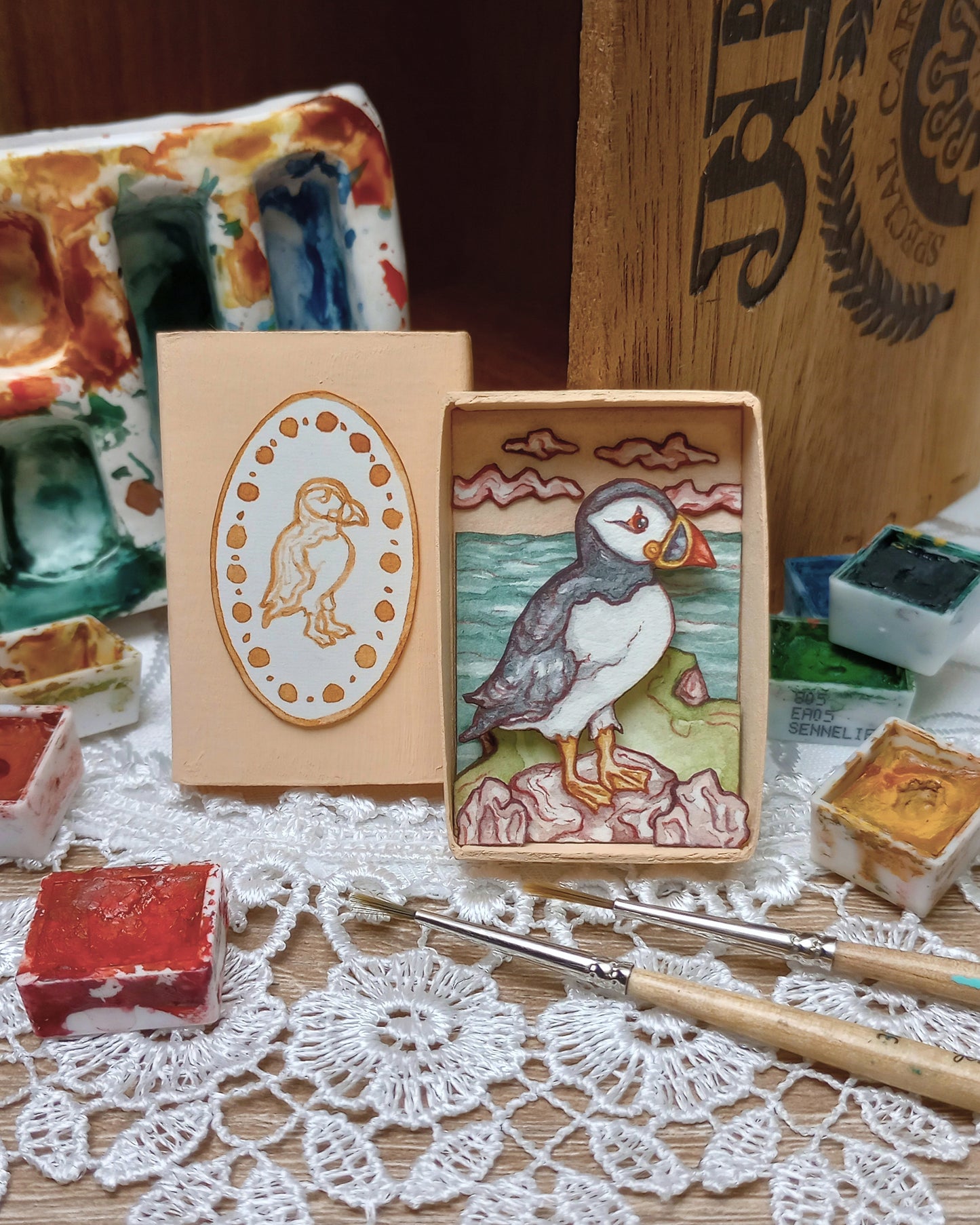 "Atlantic Puffin" — Original Watercolor Matchbox Diorama