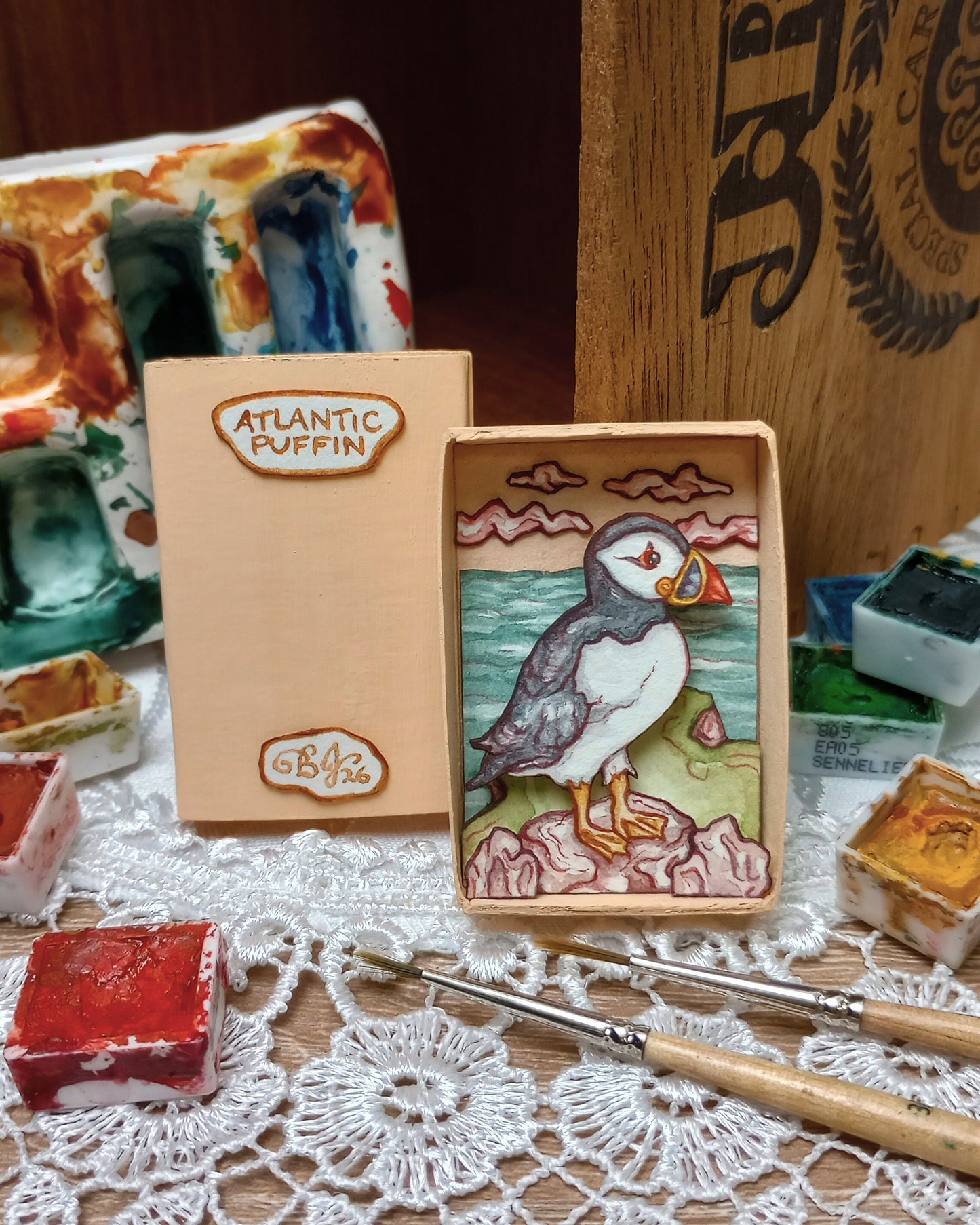 "Atlantic Puffin" — Original Watercolor Matchbox Diorama