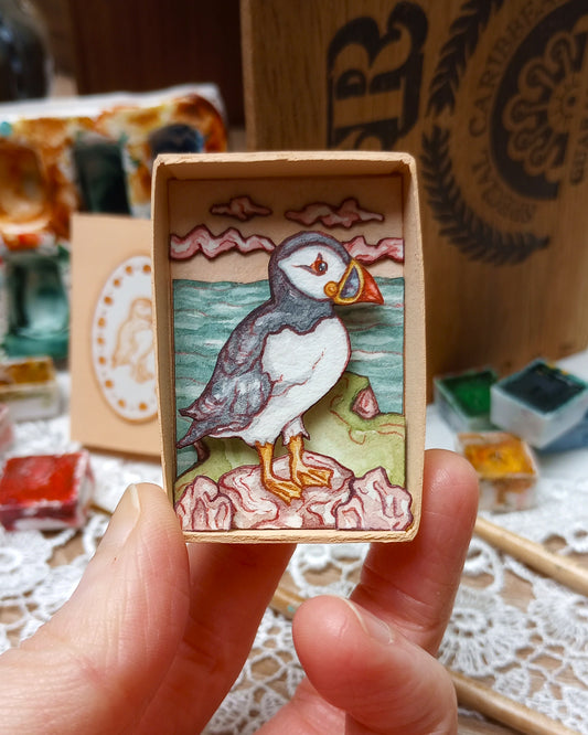 "Atlantic Puffin" — Original Watercolor Matchbox Diorama
