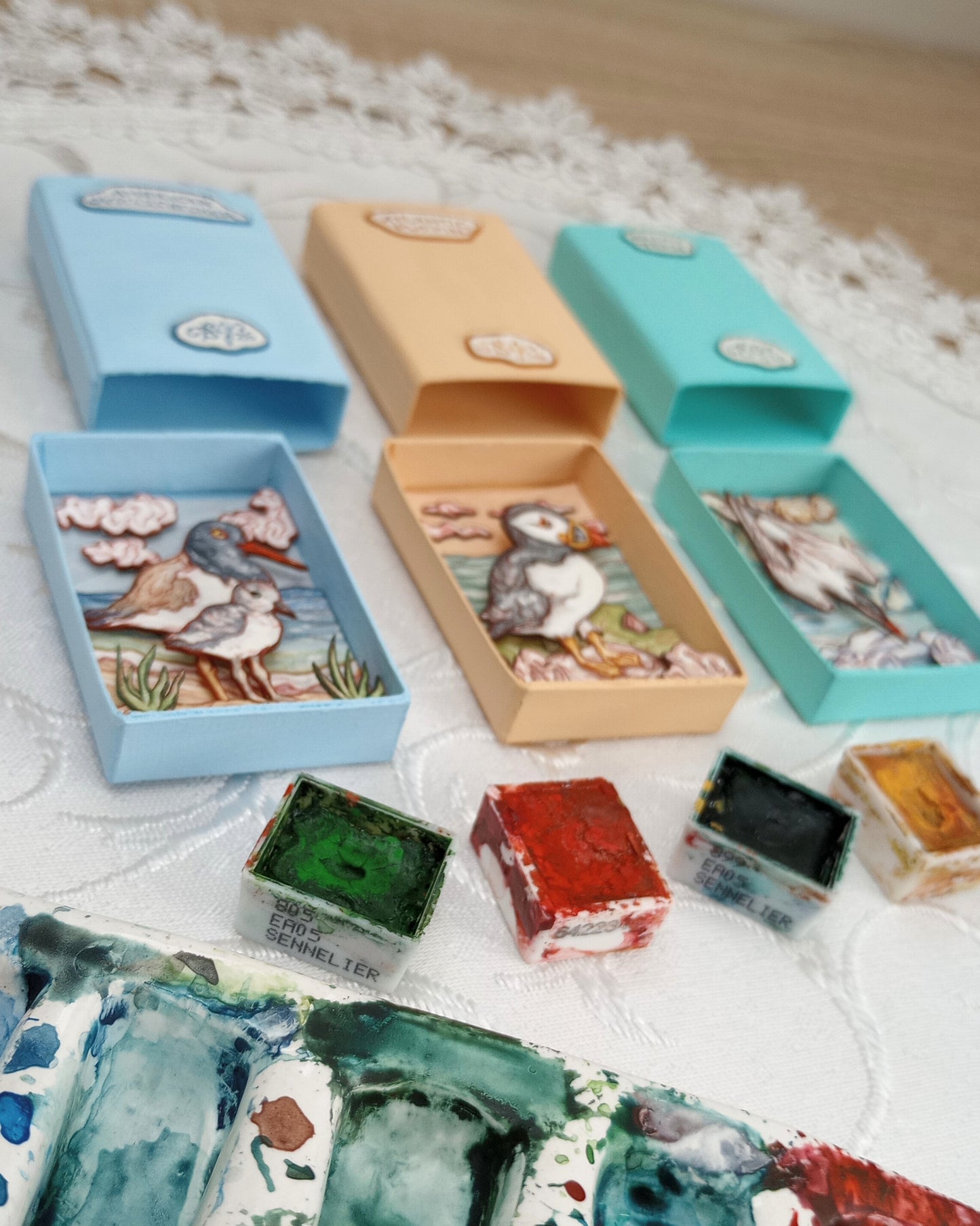 "Atlantic Puffin" — Original Watercolor Matchbox Diorama