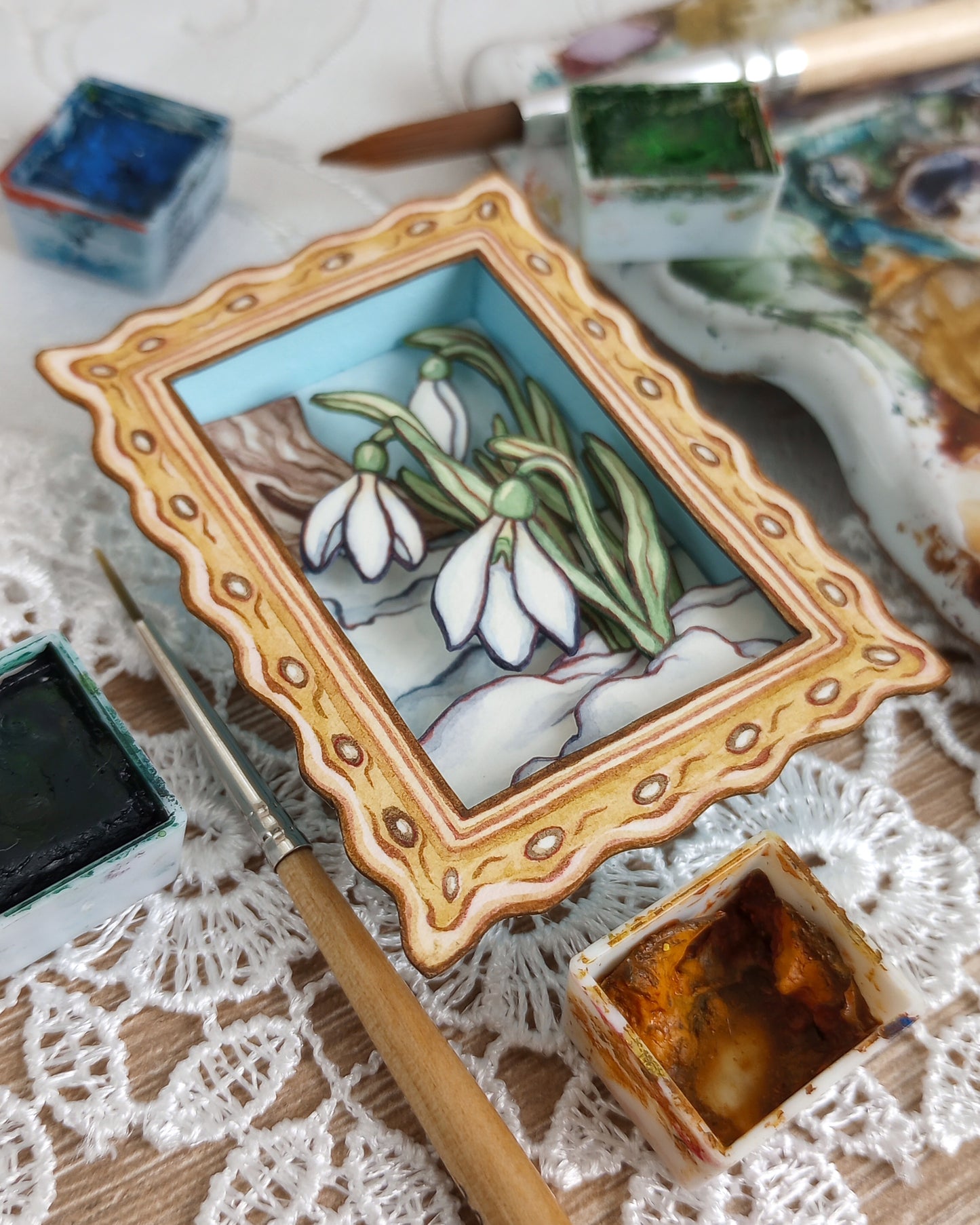 "Snowdrops" — Now No More The Frost No. 3 — Original 3D Watercolor Matchbox Diorama